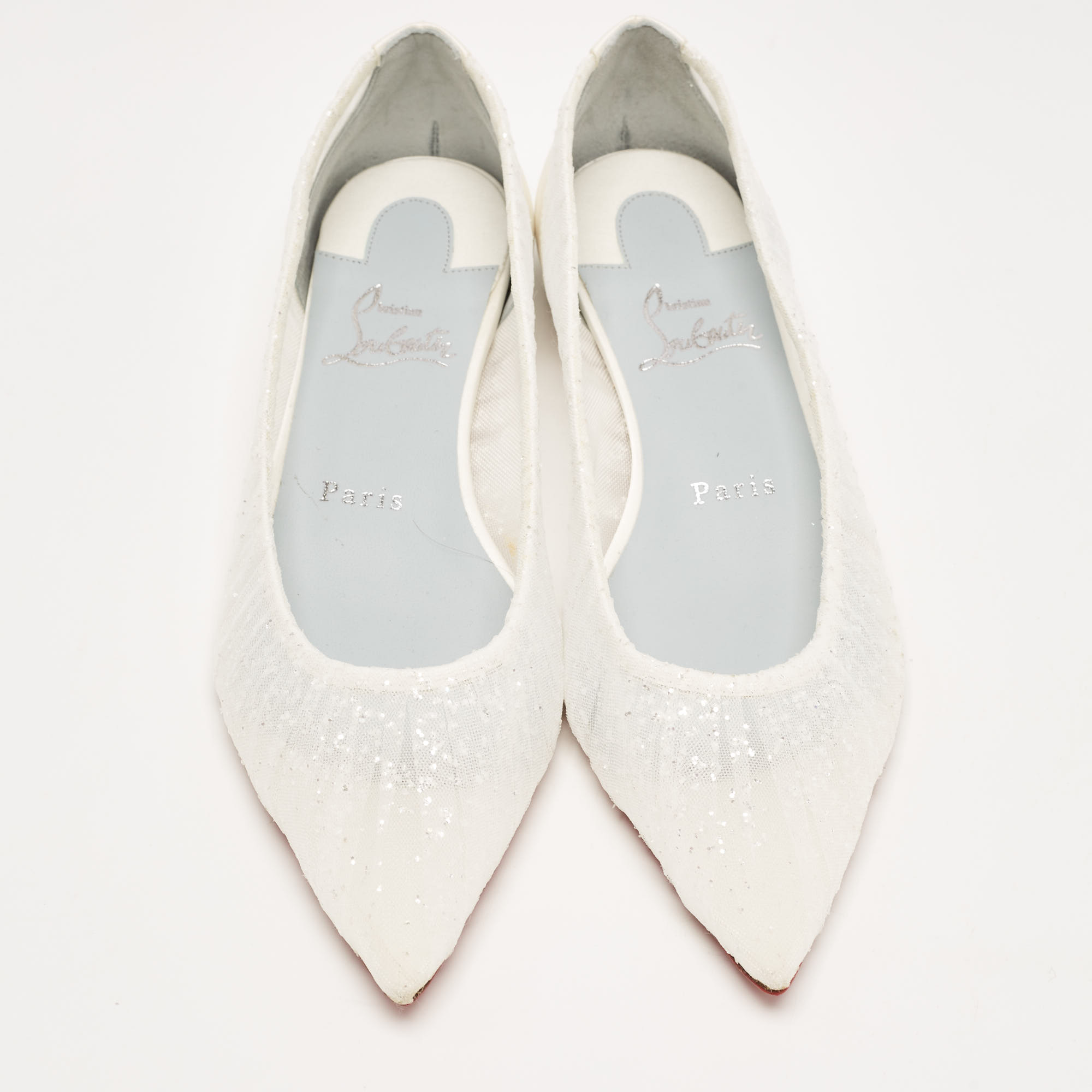 Christian Louboutin White Glitter Tulle Fabric And Satin Kate Ballet Flats Size 36.5