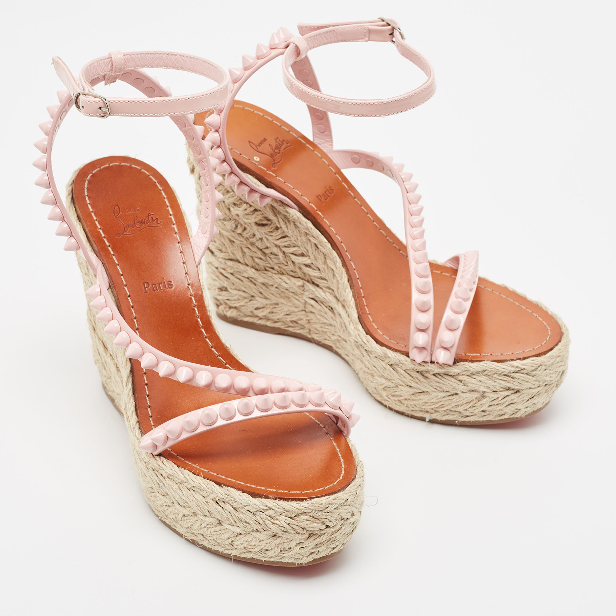 Christian Louboutin Pink Patent Leather Mafaldina Spike Wedge Espadrille Ankle Strap Sandals Size 37