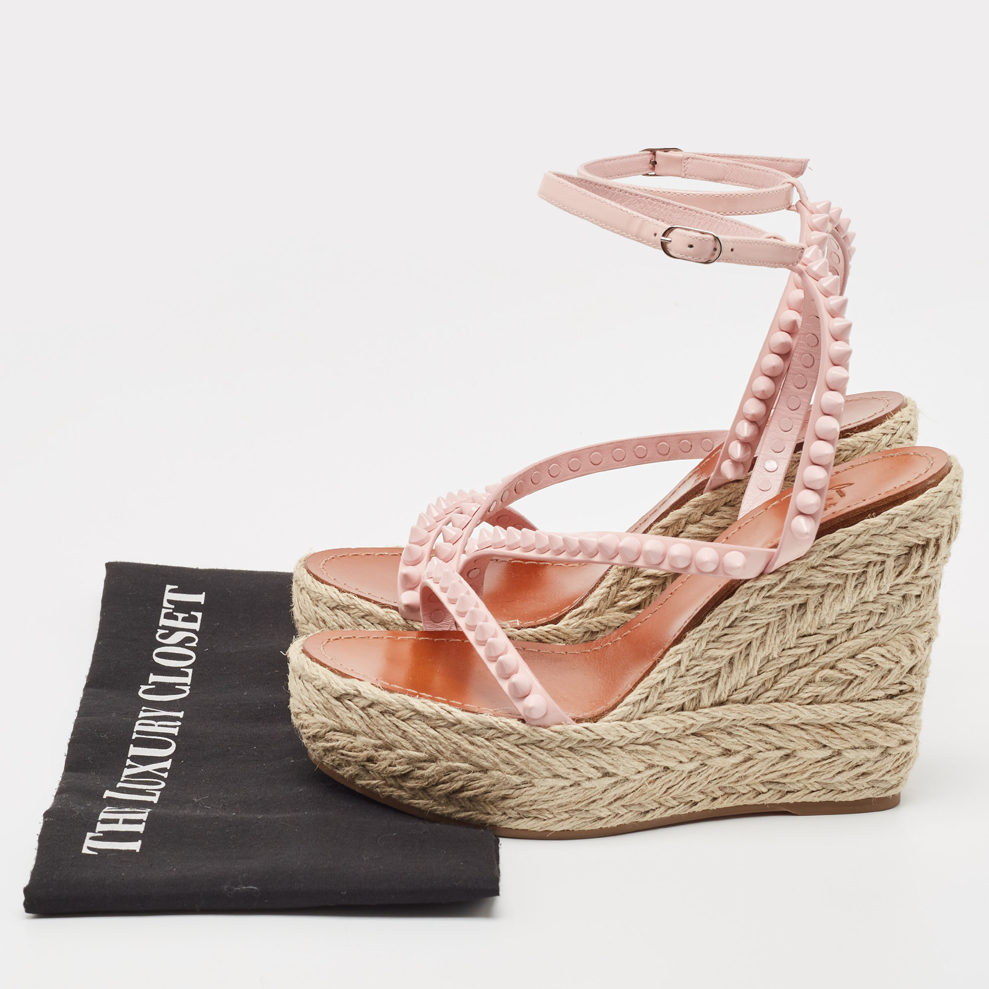 Christian Louboutin Pink Patent Leather Mafaldina Spike Wedge Espadrille Ankle Strap Sandals Size 37
