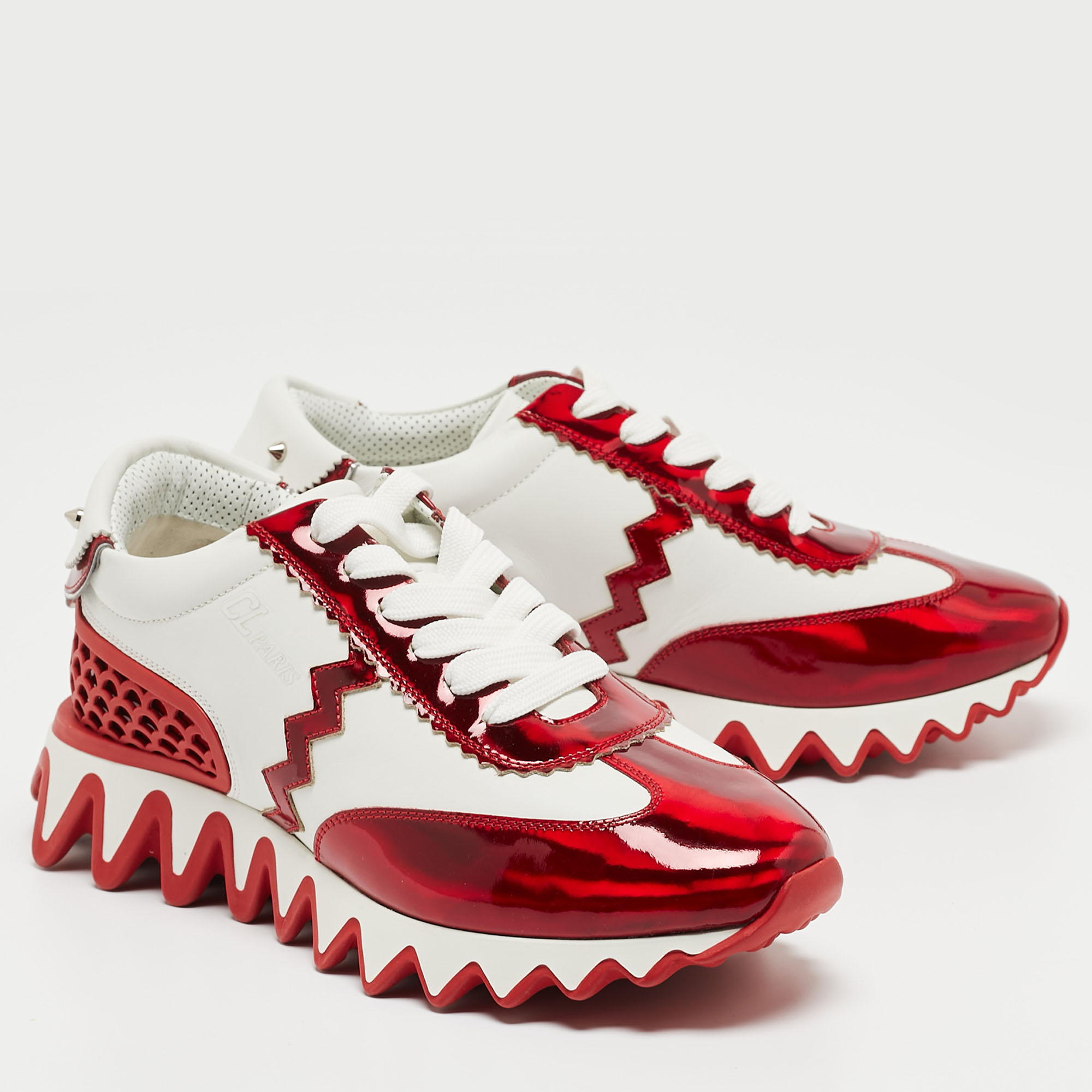 Christian Louboutin White/Red Leather Loubishark Low Top Sneakers Size 39.5