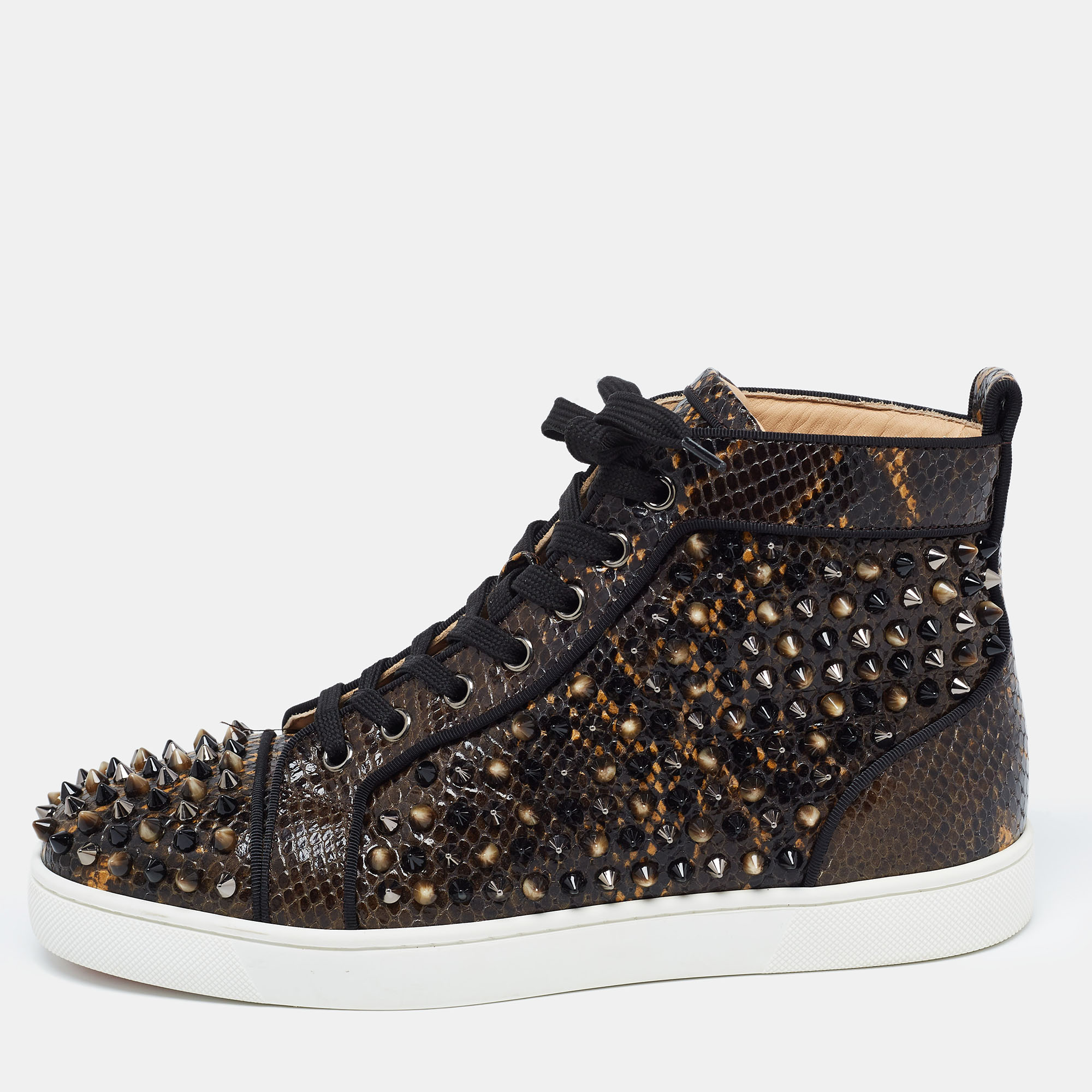 Christian Louboutin Brown/Black Embossed Snakeskin Louis Spikes High Top Sneakers Size 39.5