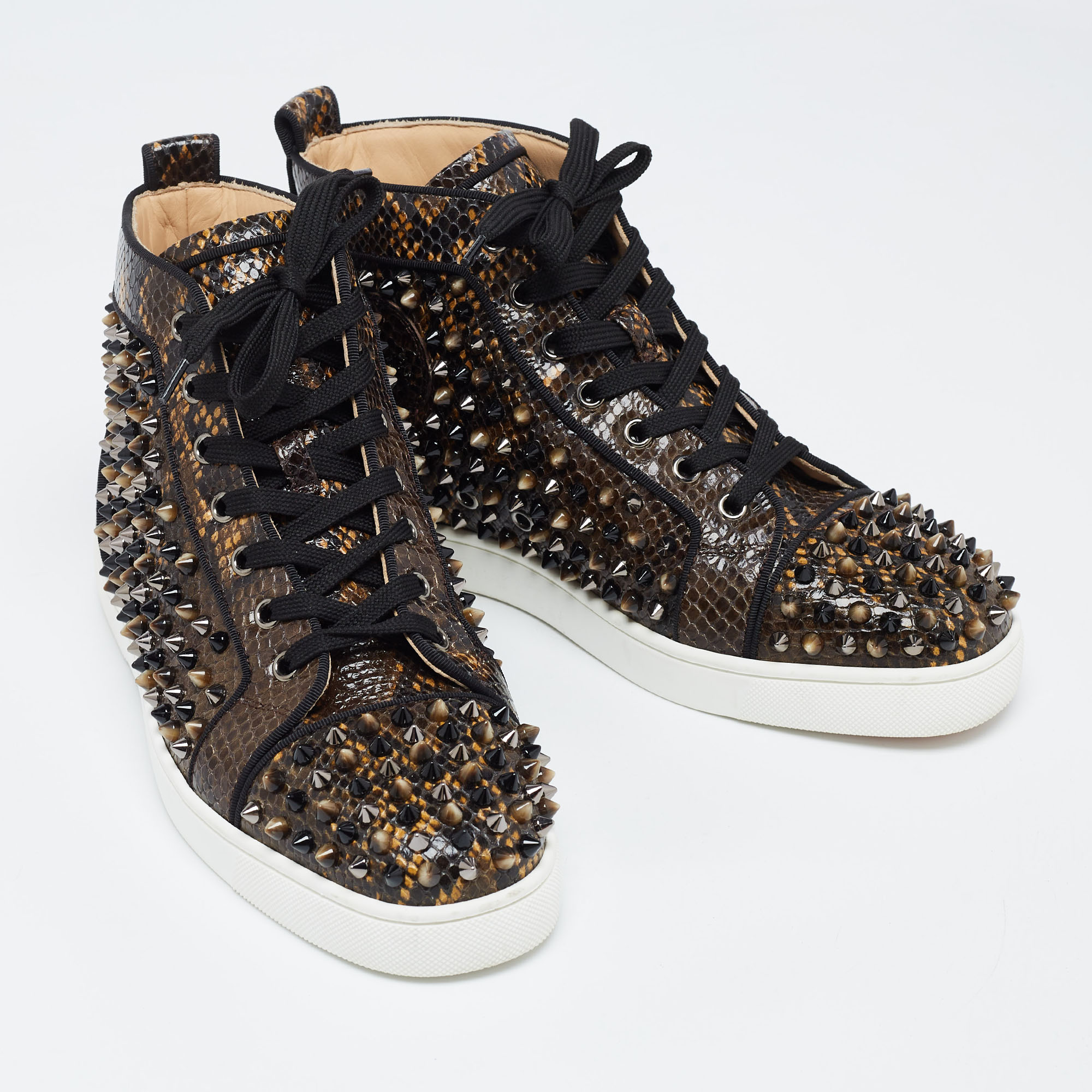 Christian Louboutin Brown/Black Embossed Snakeskin Louis Spikes High Top Sneakers Size 39.5