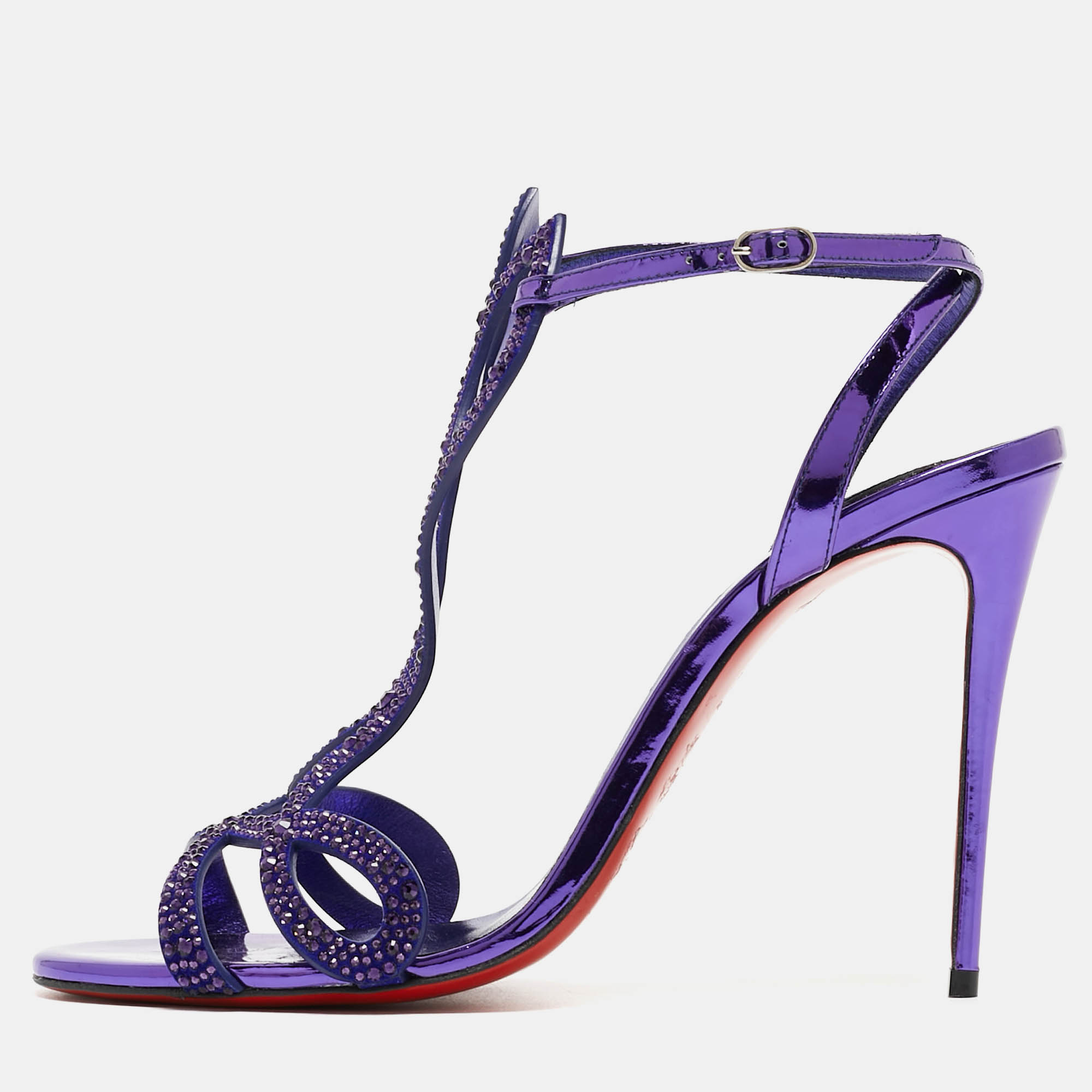 Christian Louboutin Purple Crystal Embellished Patent Leather Double L Sandals Size 39.5