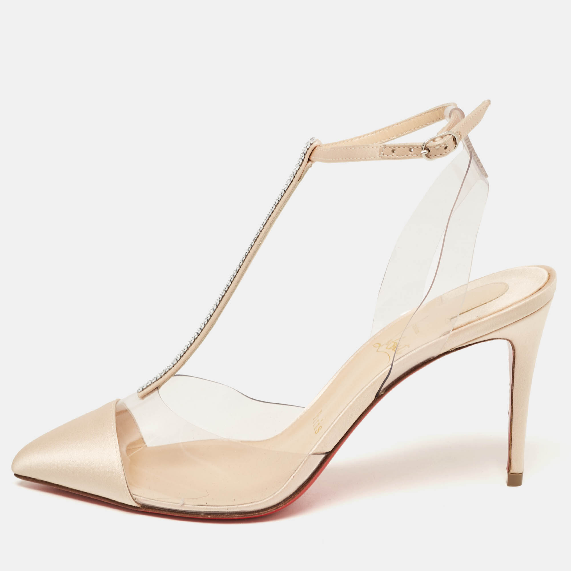 Christian Louboutin  Beige PVC And Satin Nosy  Ankle Strap Pumps Size  37.5
