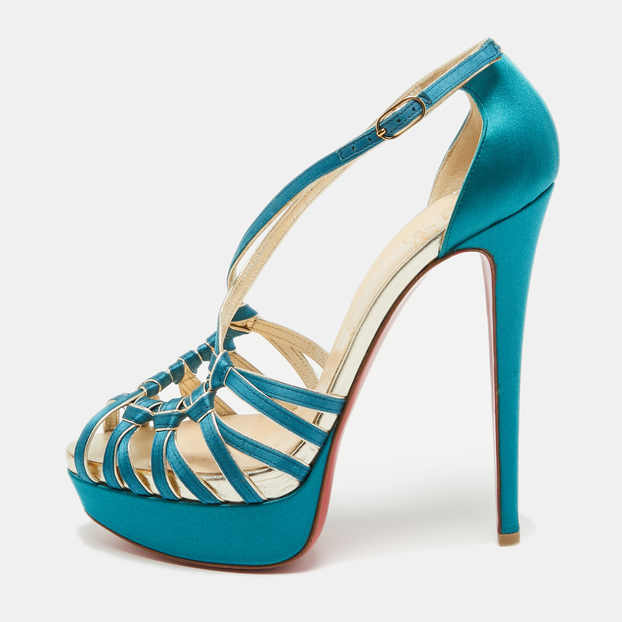 Christian louboutin teal satin knotted strappy platform sandals size 39