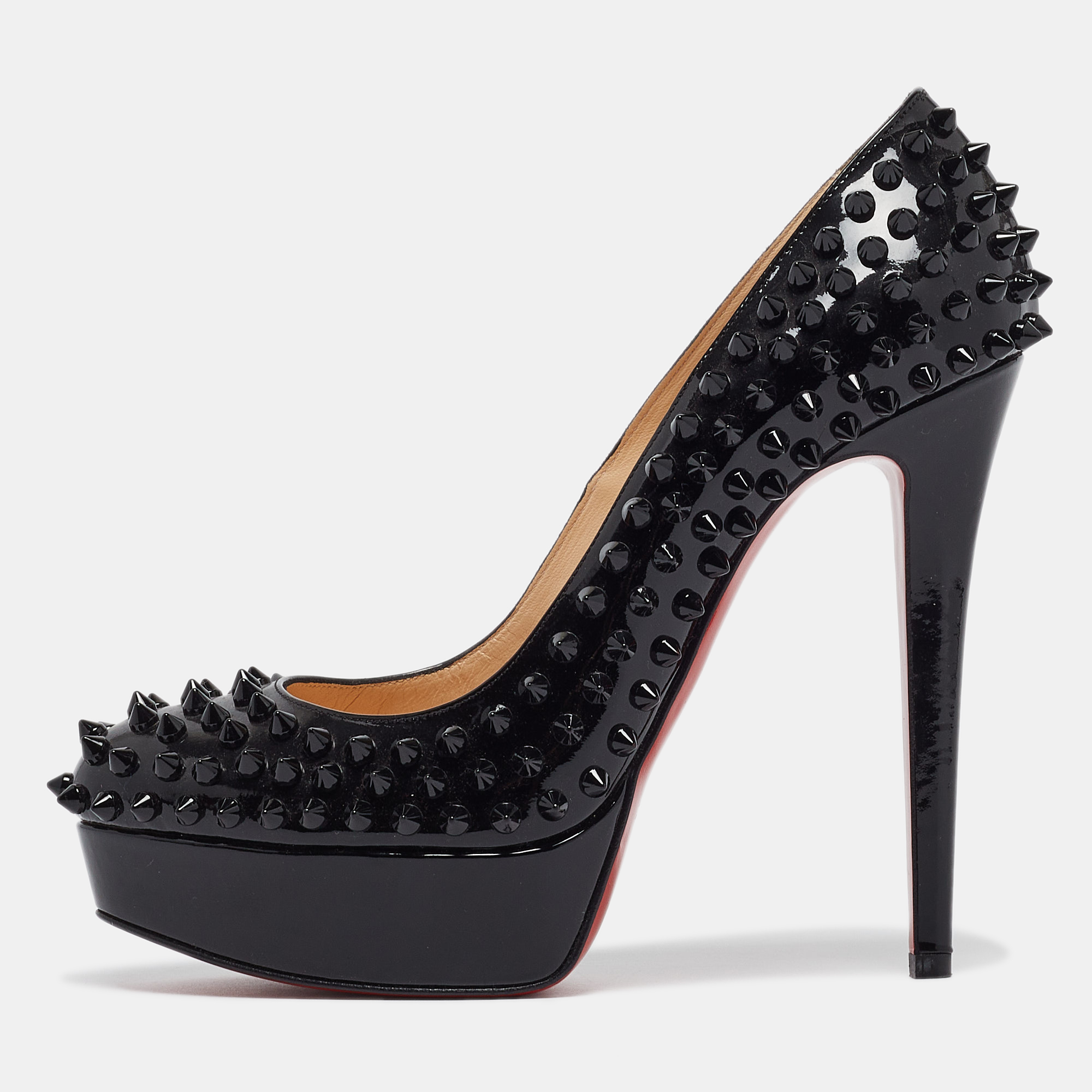 Christian louboutin black patent leather bianca spikes pumps size 38.5
