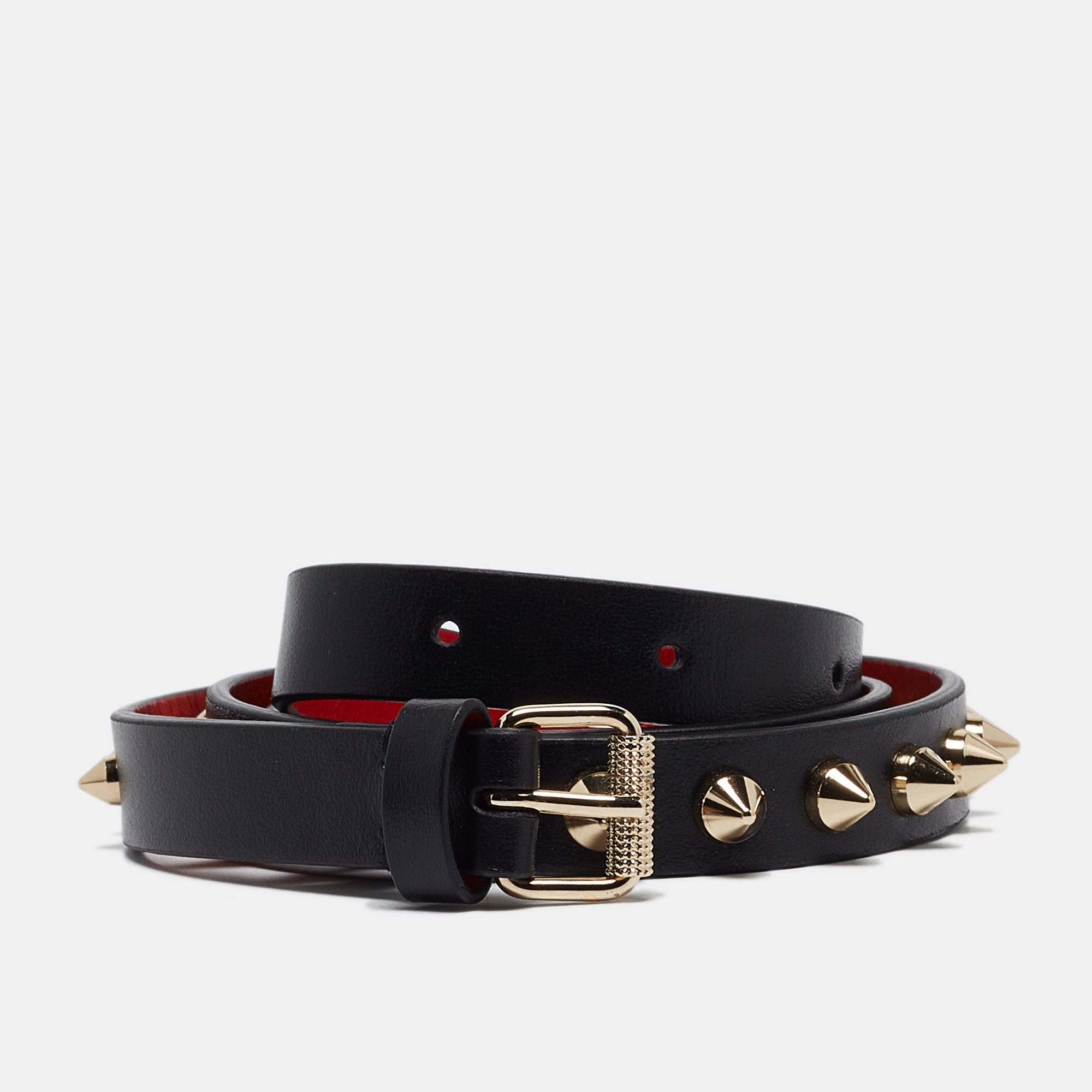 Christian louboutin black leather spike slim buckle belt 70cm