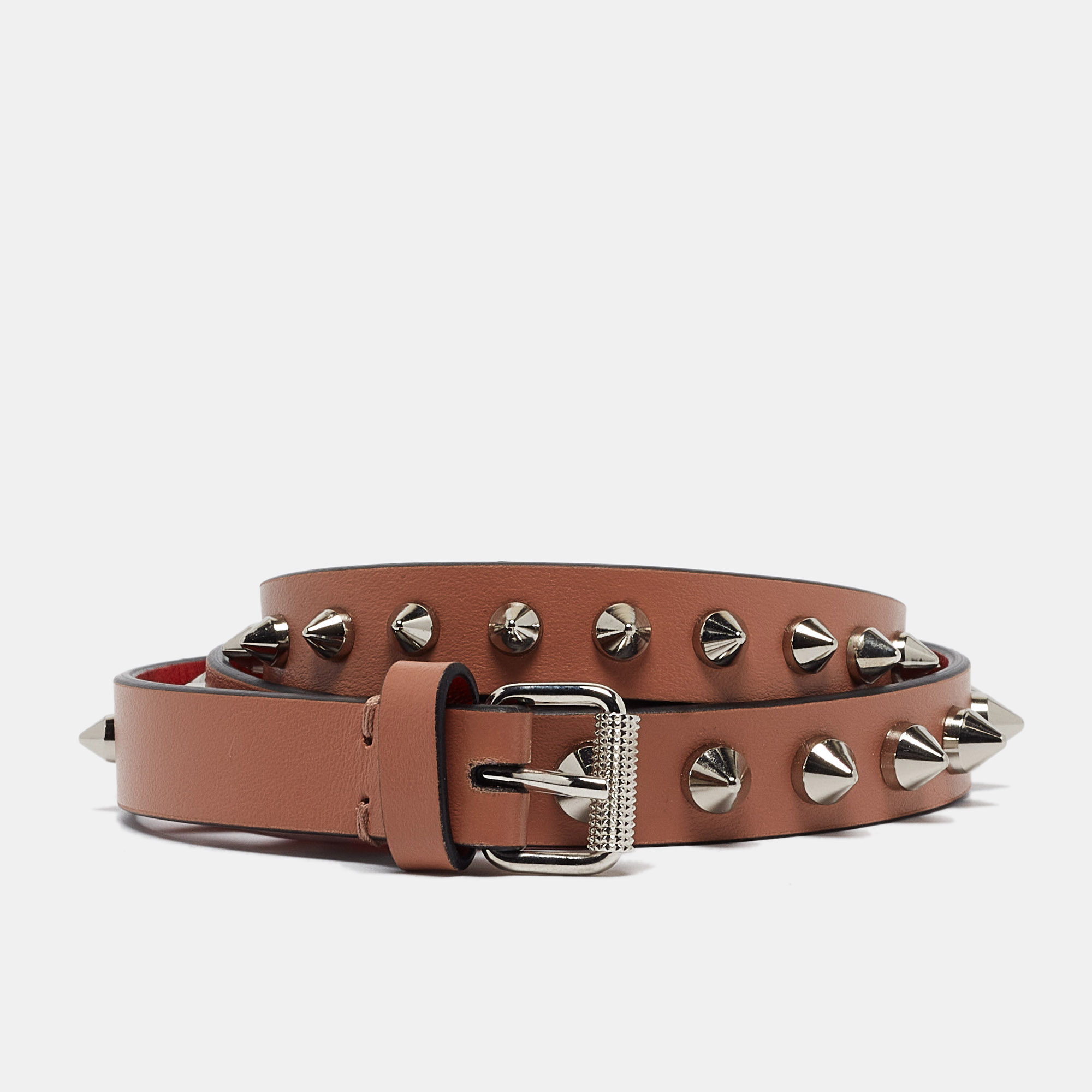 Christian louboutin beige leather spike slim buckle belt 70cm