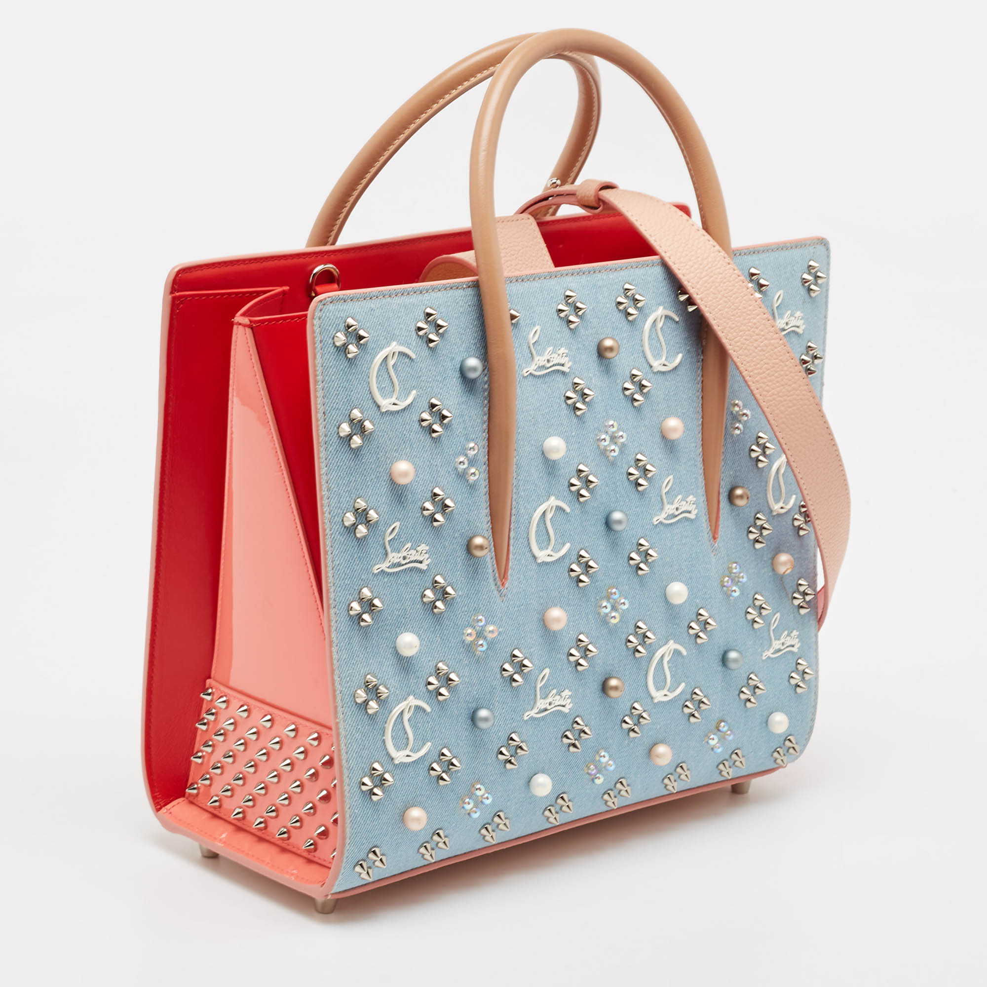 Christian Louboutin Multicolor Denim And Leather Mix Pearls Paloma Tote