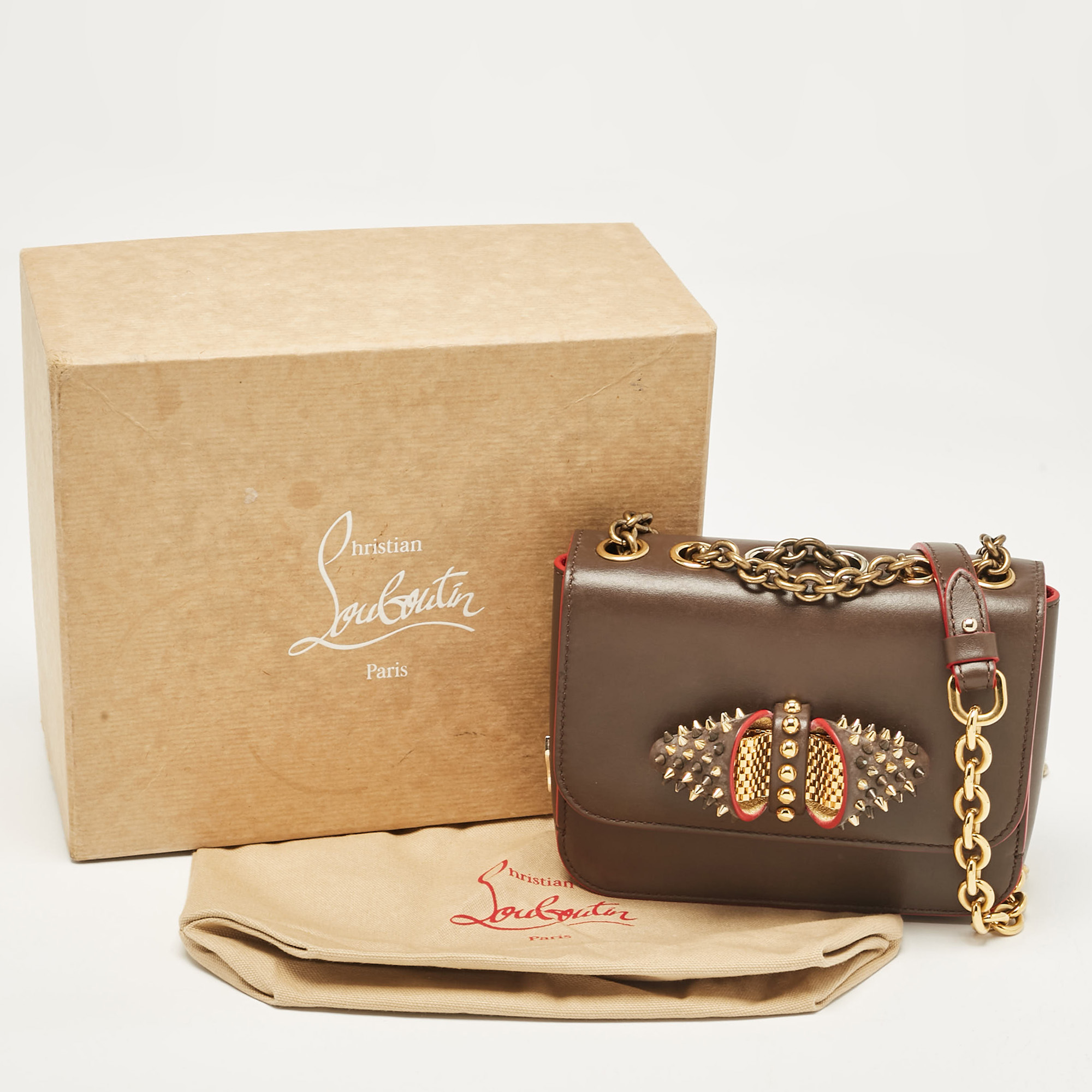 Christian Louboutin Brown Leather Spikes Sweet Charity Shoulder Bag