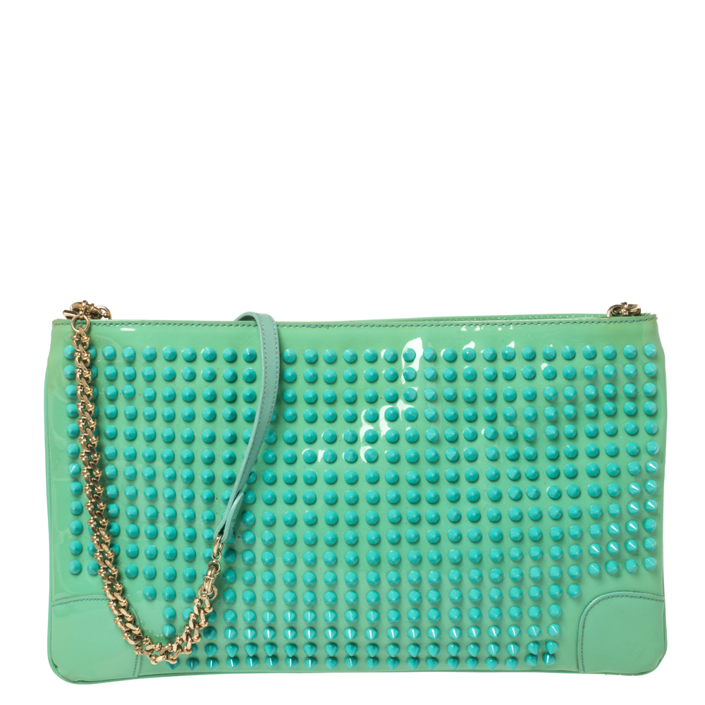 Image of Christian Louboutin Mint Green Patent Leather Spiked Loubiposh Clutch Bag