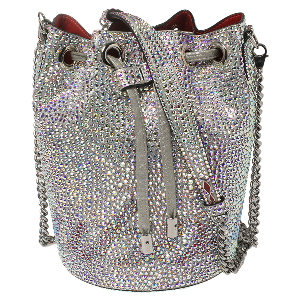 Christian Louboutin Silver Crystal Embellished Leather Marie Jane Bucket Bag
