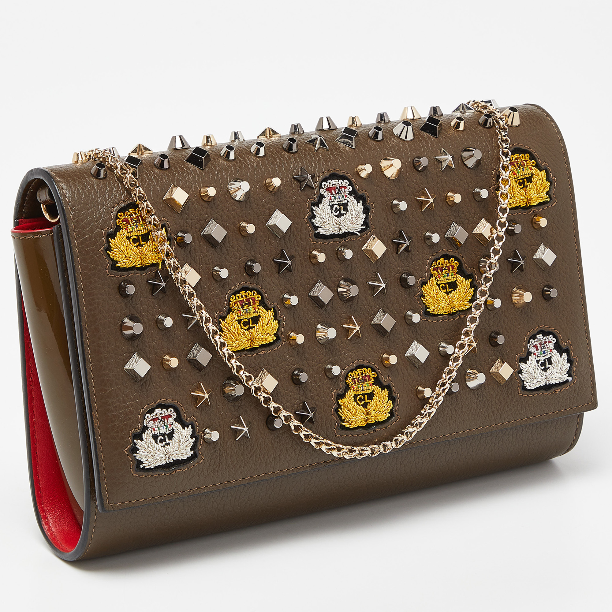 Christian Louboutin Olive Patent And Leather Paloma Embellished Chain Clutch