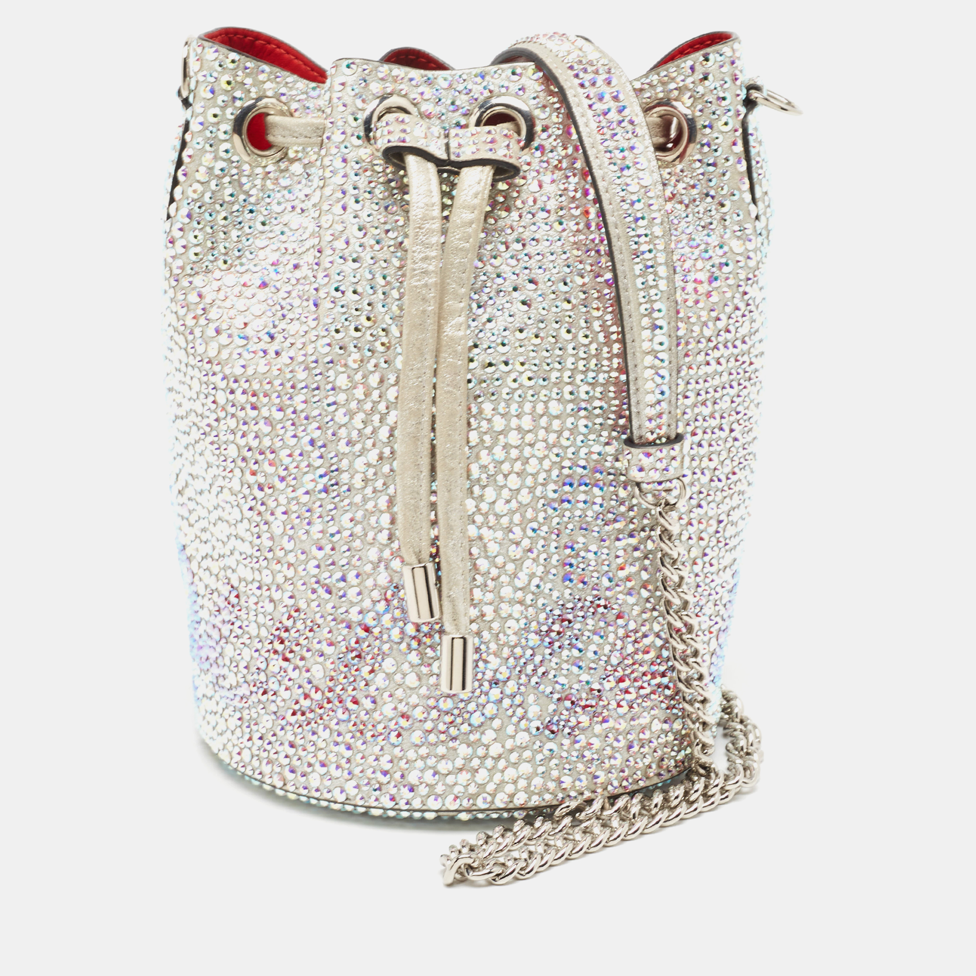 

Christian Louboutin Silver Crystal Embellished Leather Marie Jane Bucket Bag