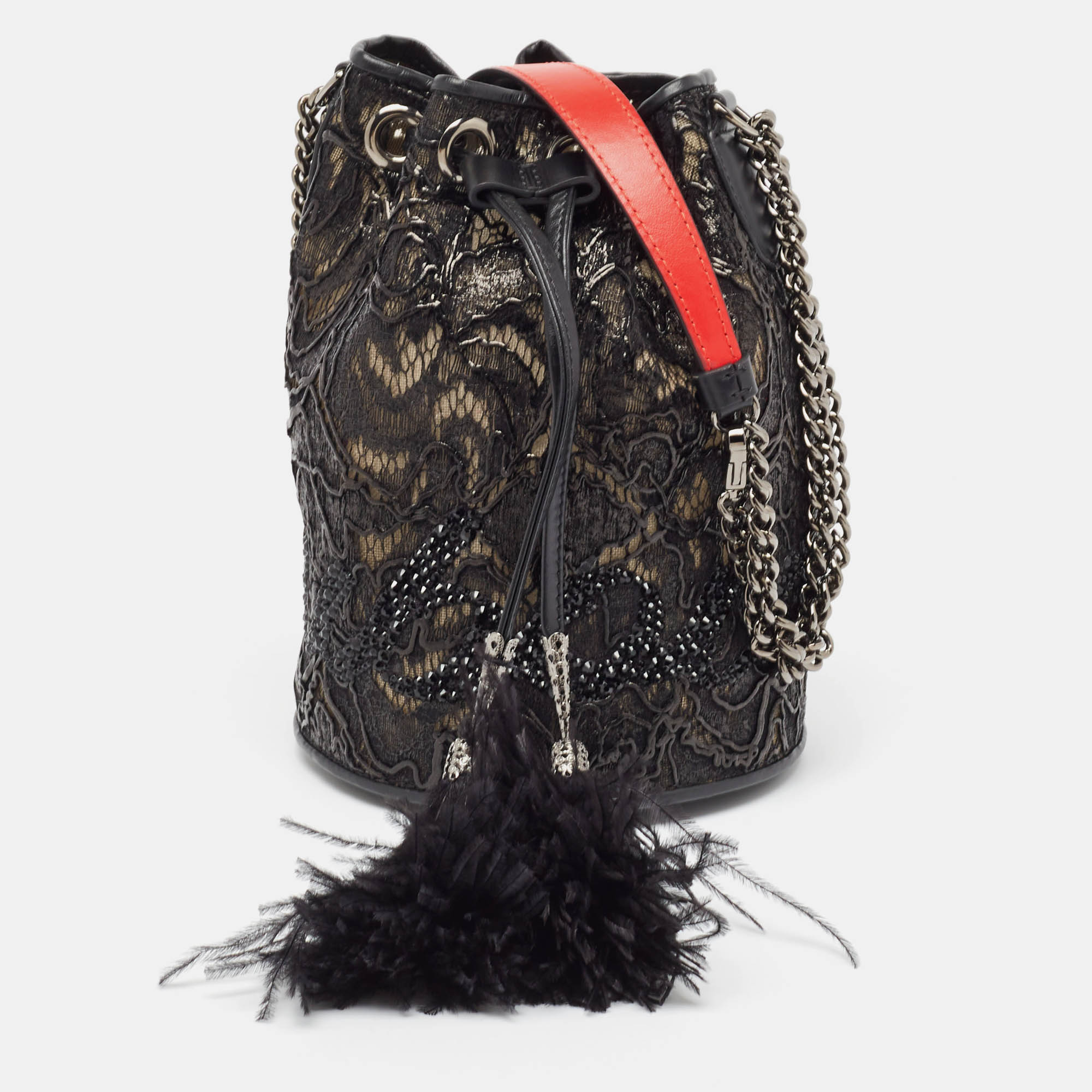 Christian louboutin black lace, feather and leather marie jane bucket bag