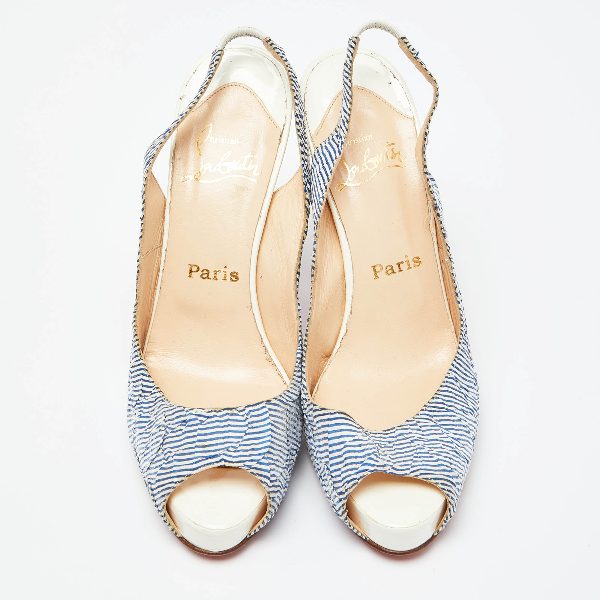 Christian Louboutin White/Blue Striped Fabric No Prive Slingback Pumps Size 38.5