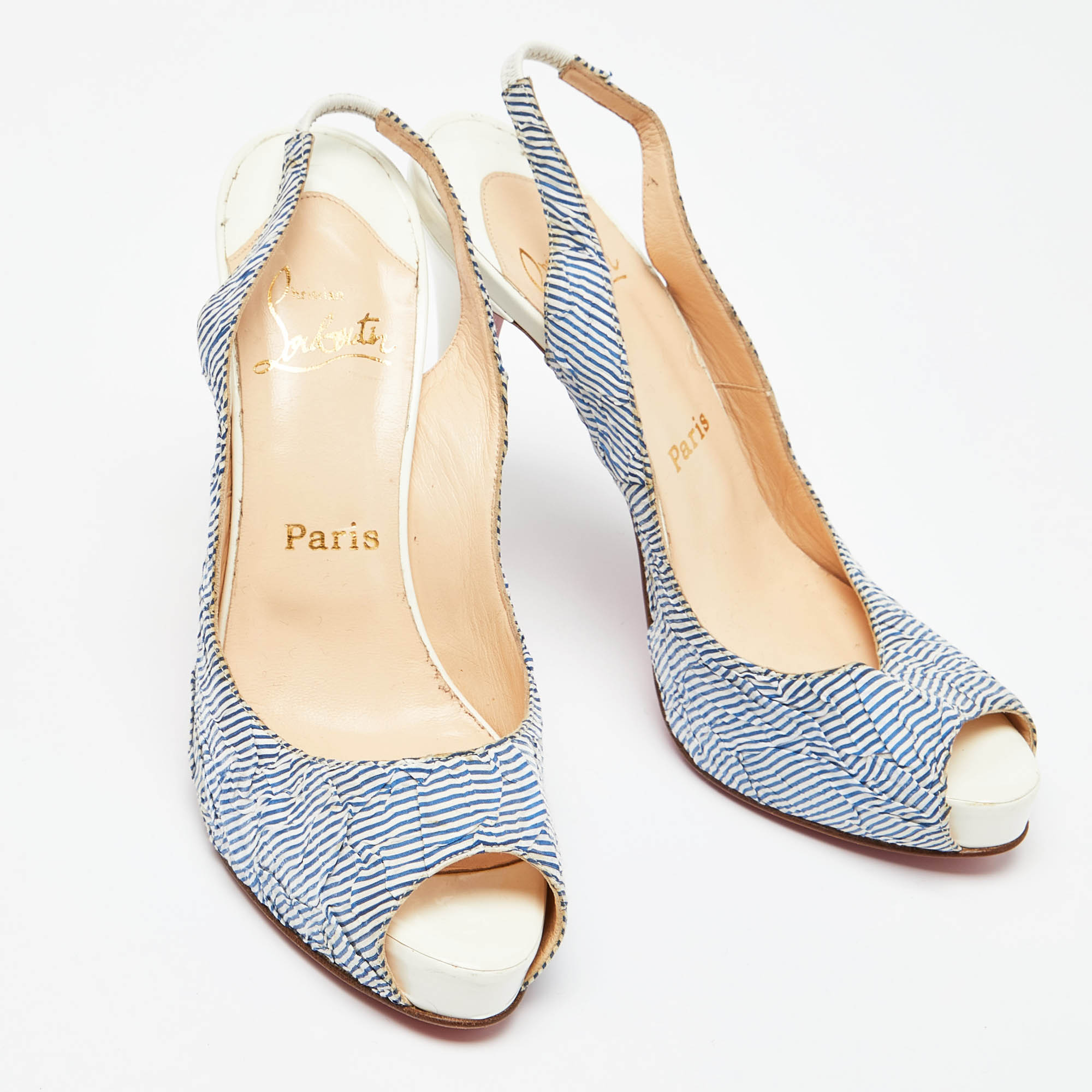 Christian Louboutin White/Blue Striped Fabric No Prive Slingback Pumps Size 38.5