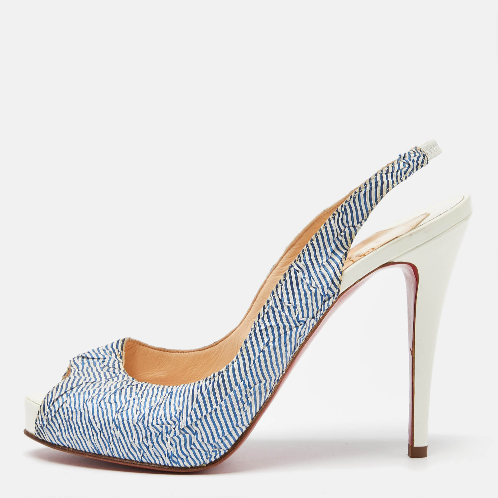 Christian louboutin white/blue striped fabric no prive slingback pumps size 38.5