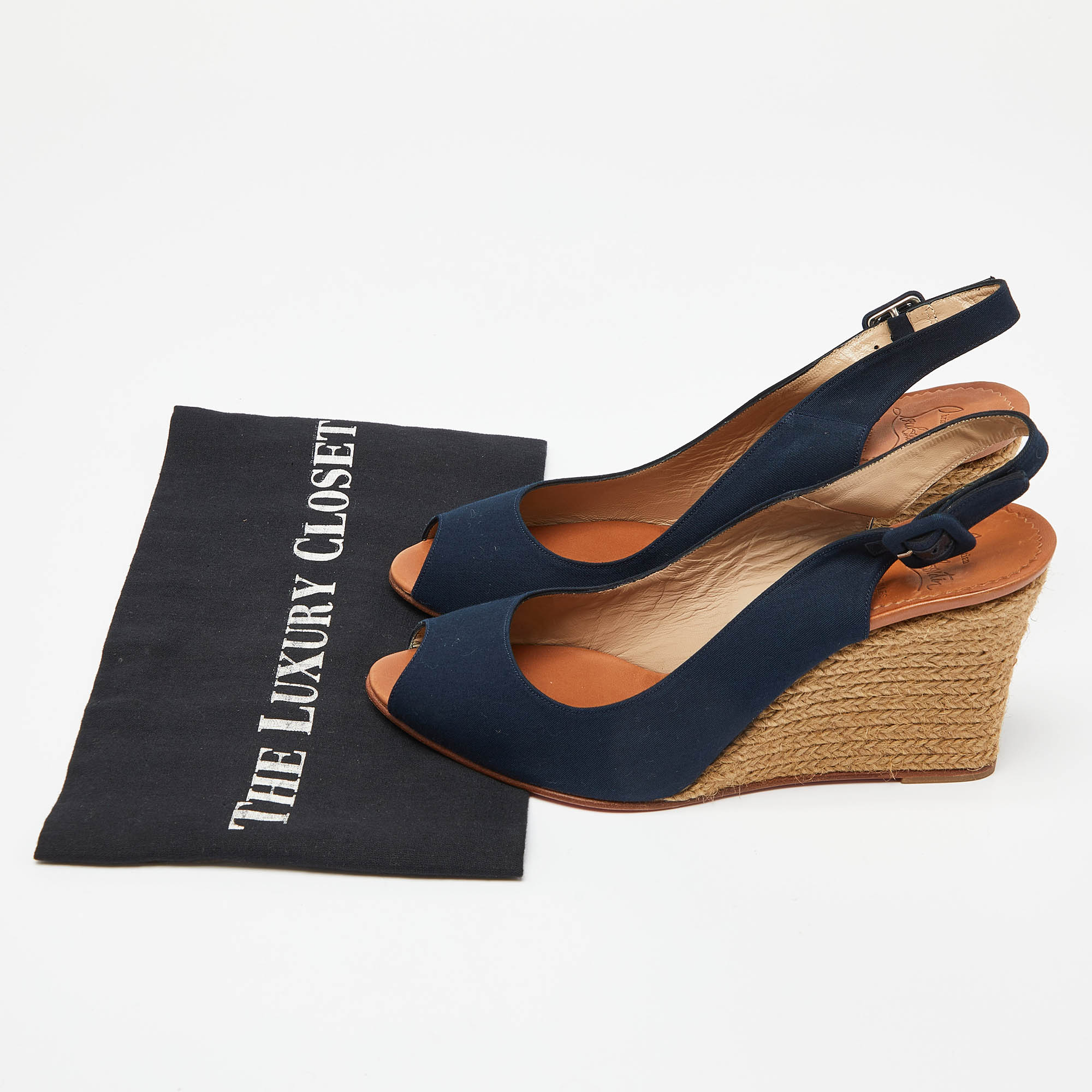 Christian Louboutin Navy Blue Canvas Puglia Espadrille Wedge Sandals Size 39