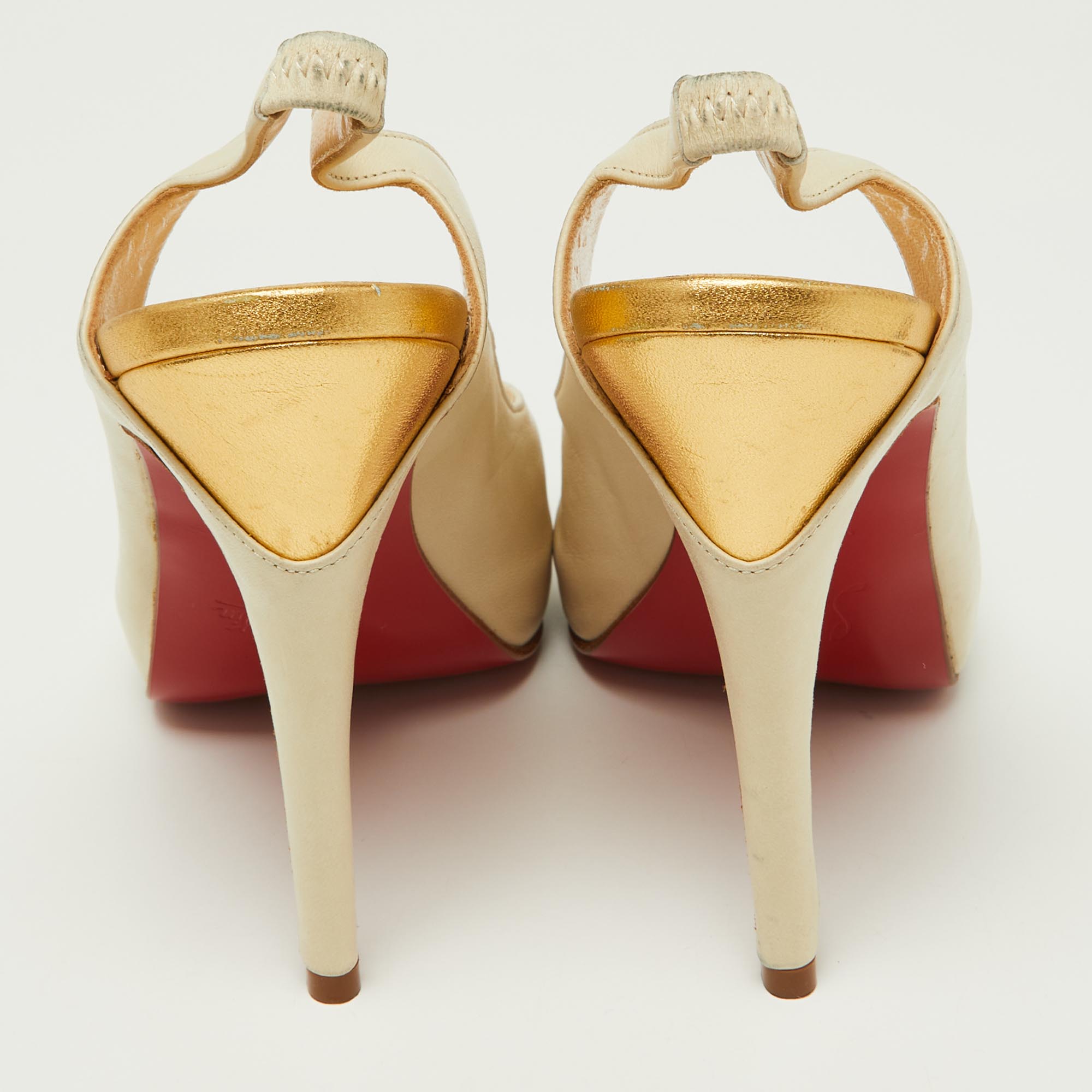 Christian Louboutin Cream/Gold Leather Platform Peep Toe Singback Pumps Size 38