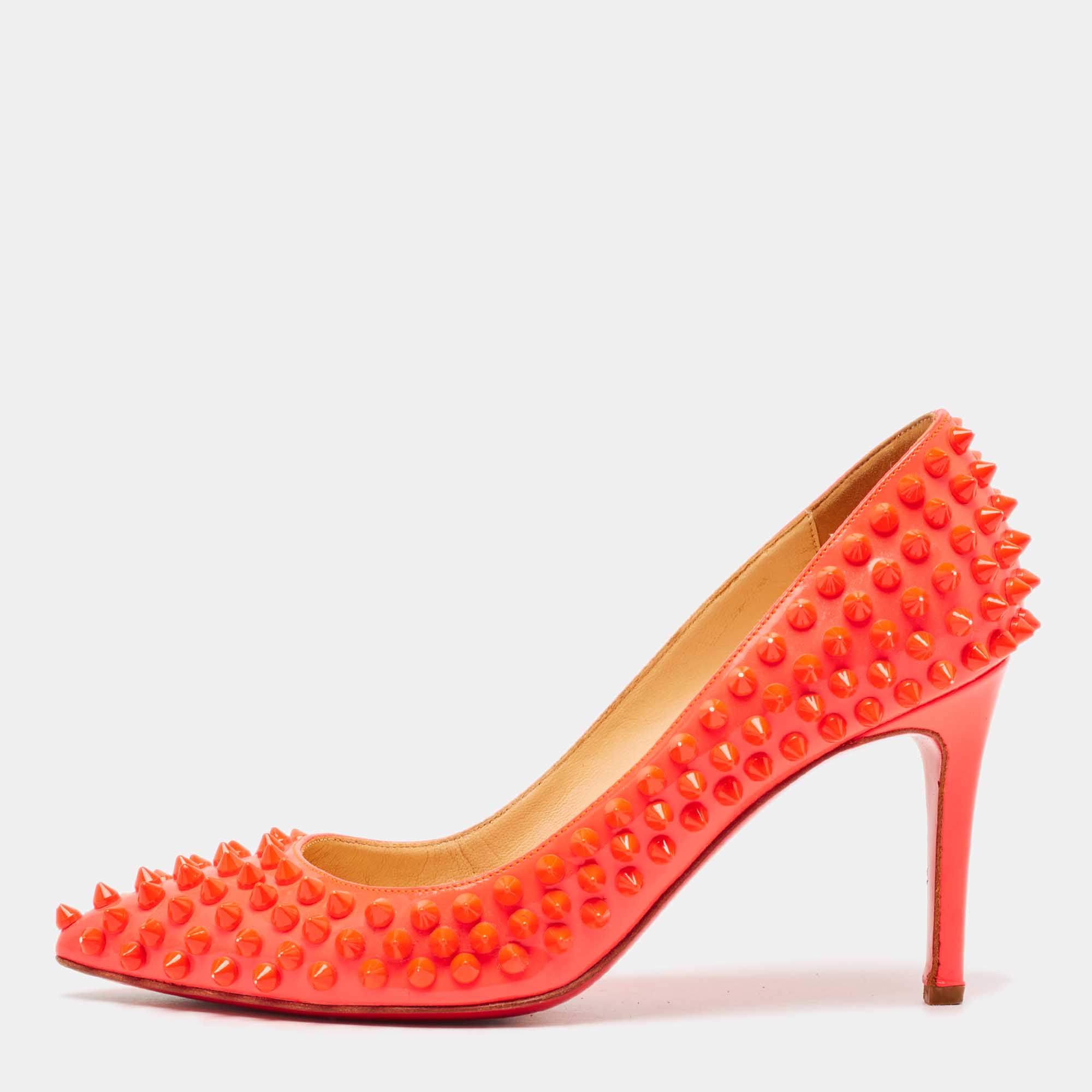 Christian louboutin neon pink patent leather pigalle spikes pumps size 35.5