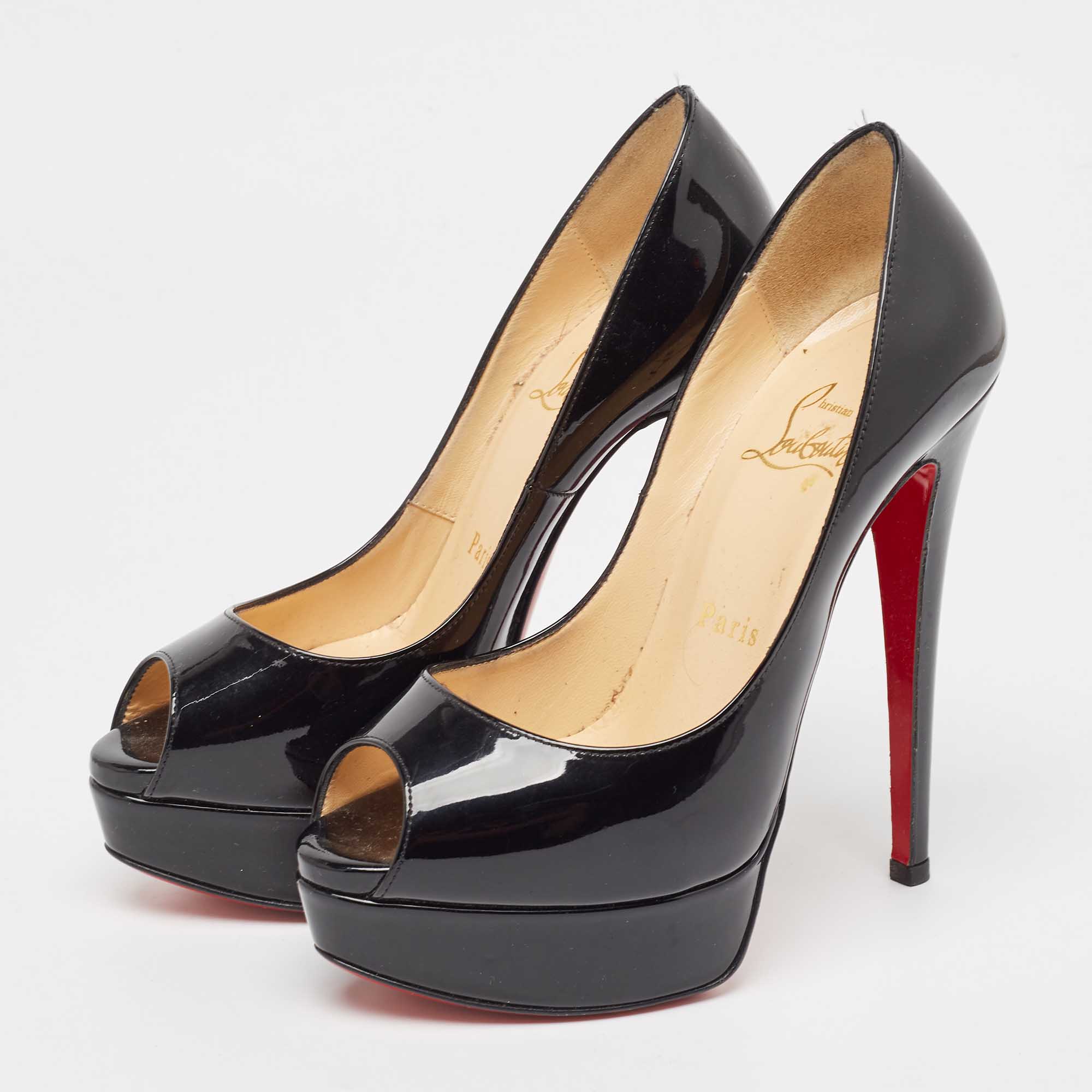 Christian Louboutin Black Patent Leather Lady Peep Pumps Size 35.5