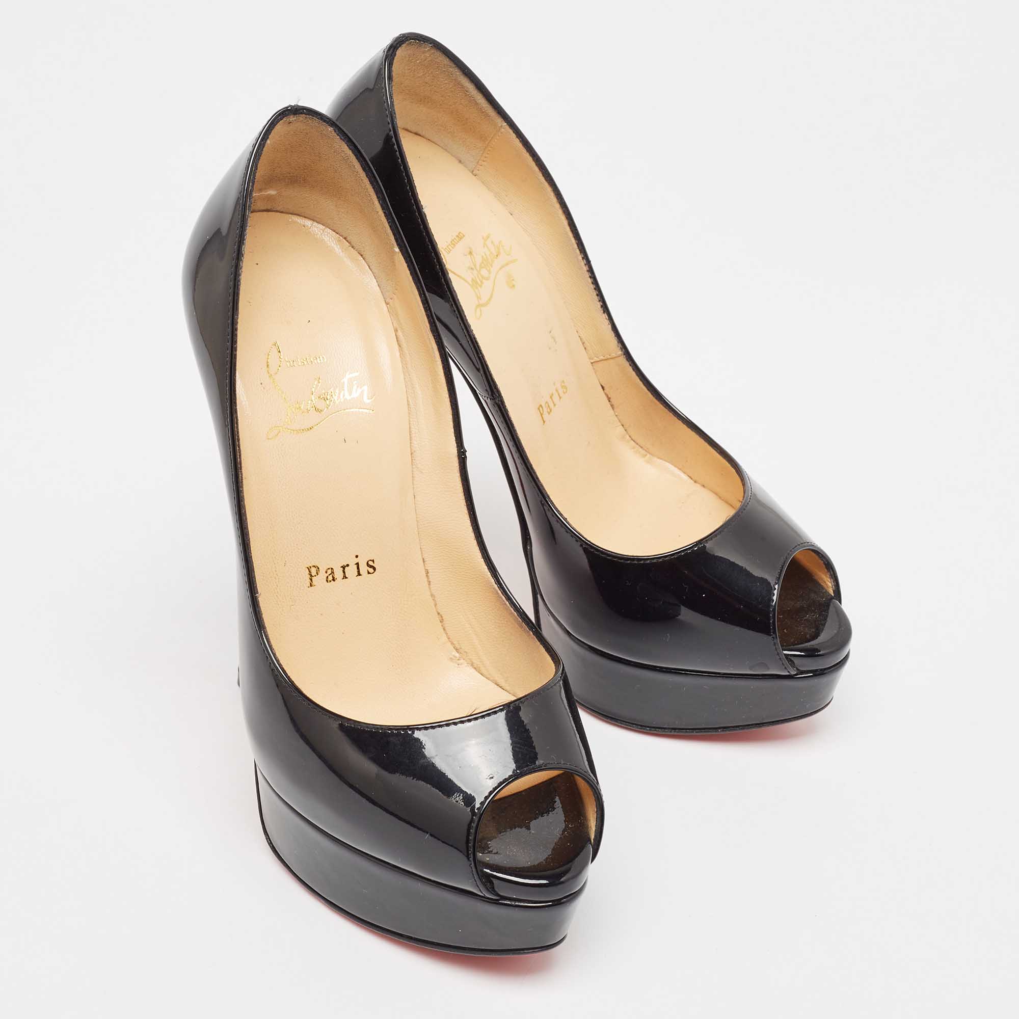 Christian Louboutin Black Patent Leather Lady Peep Pumps Size 35.5