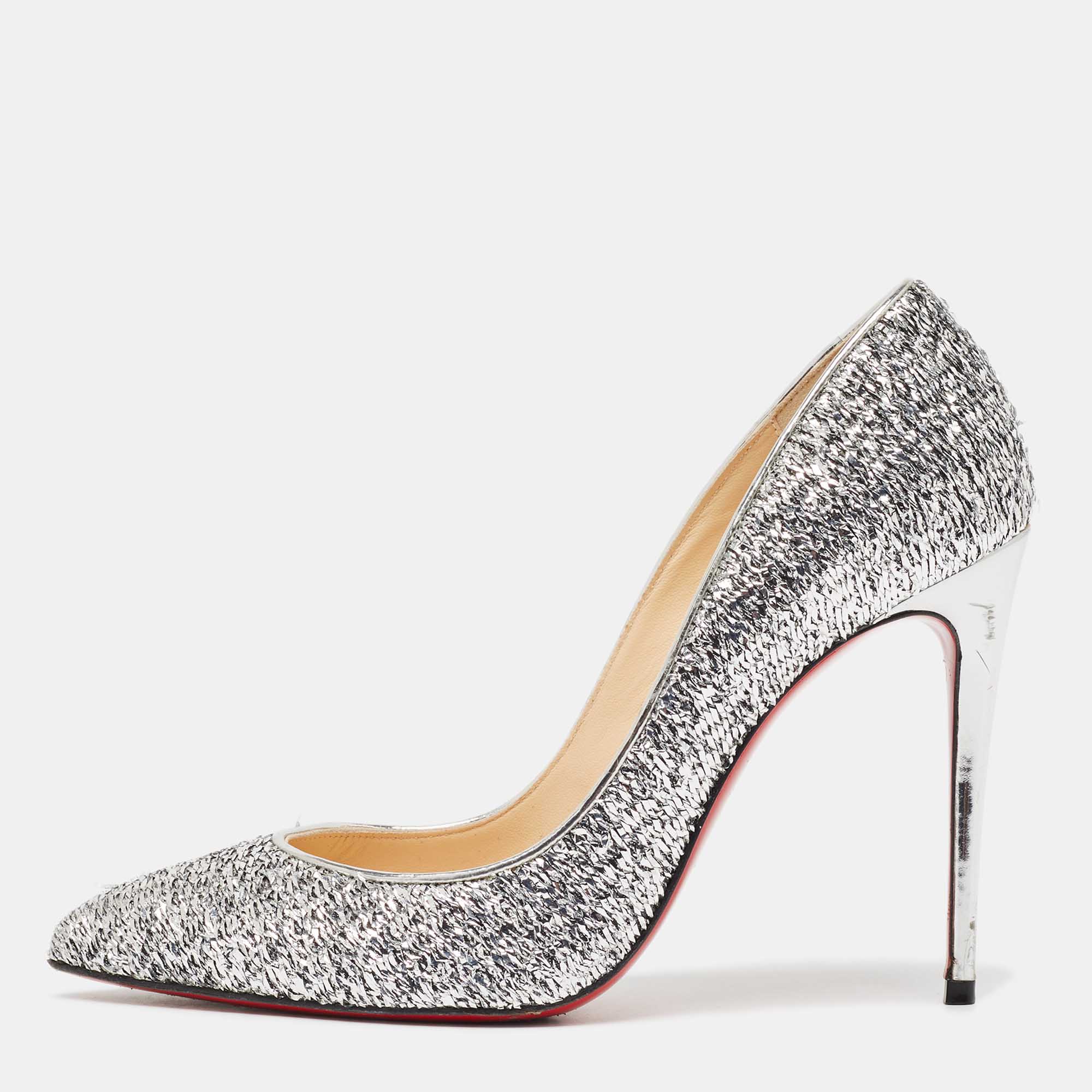 Christian louboutin silver tweed pigalle follies  pumps size 36.5