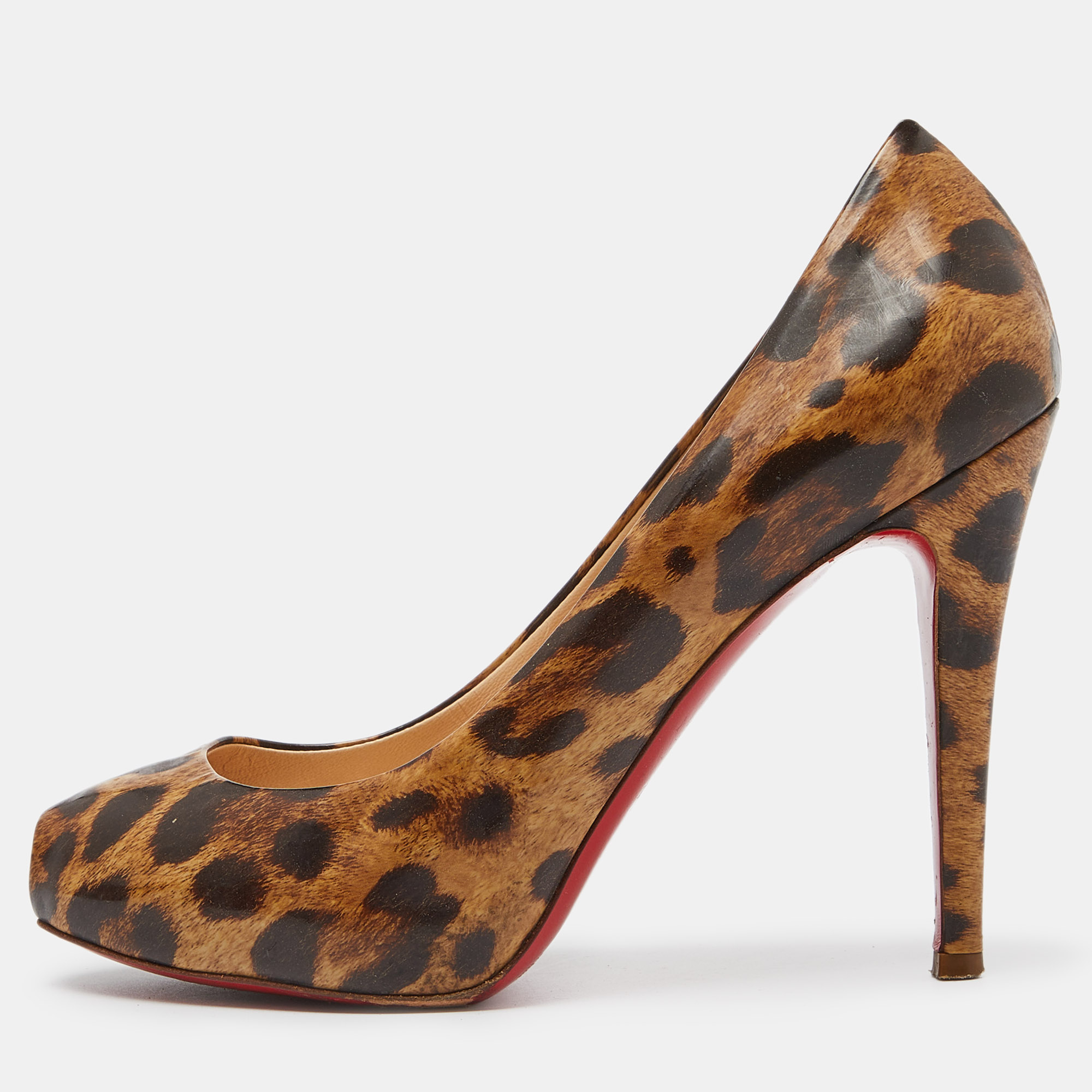 Christian louboutin brown/beige leopard print leather ron ron peep toe platform pumps size 37.5