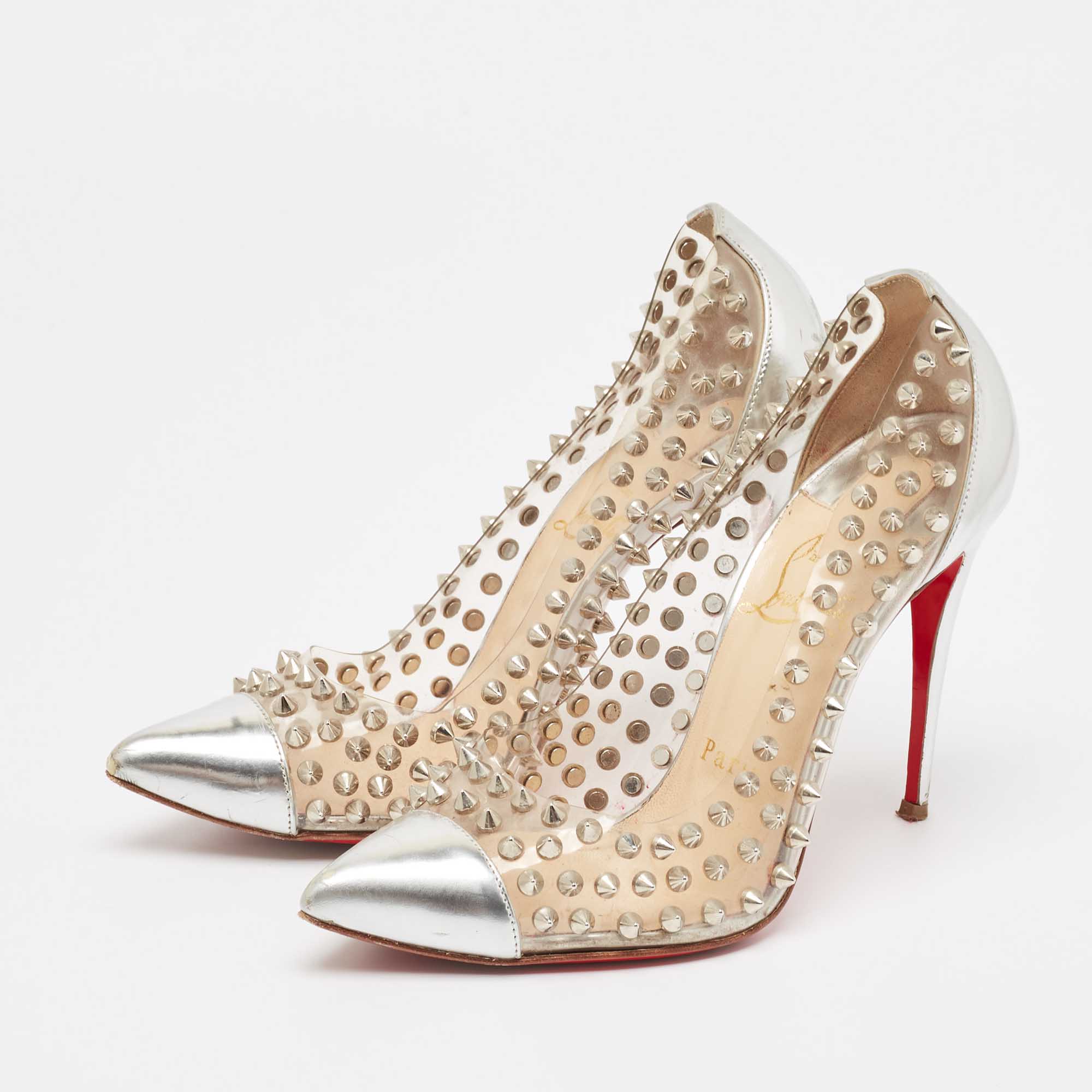 Christian Louboutin Silver Leather And PVC Spike Me Pumps Size 36.5