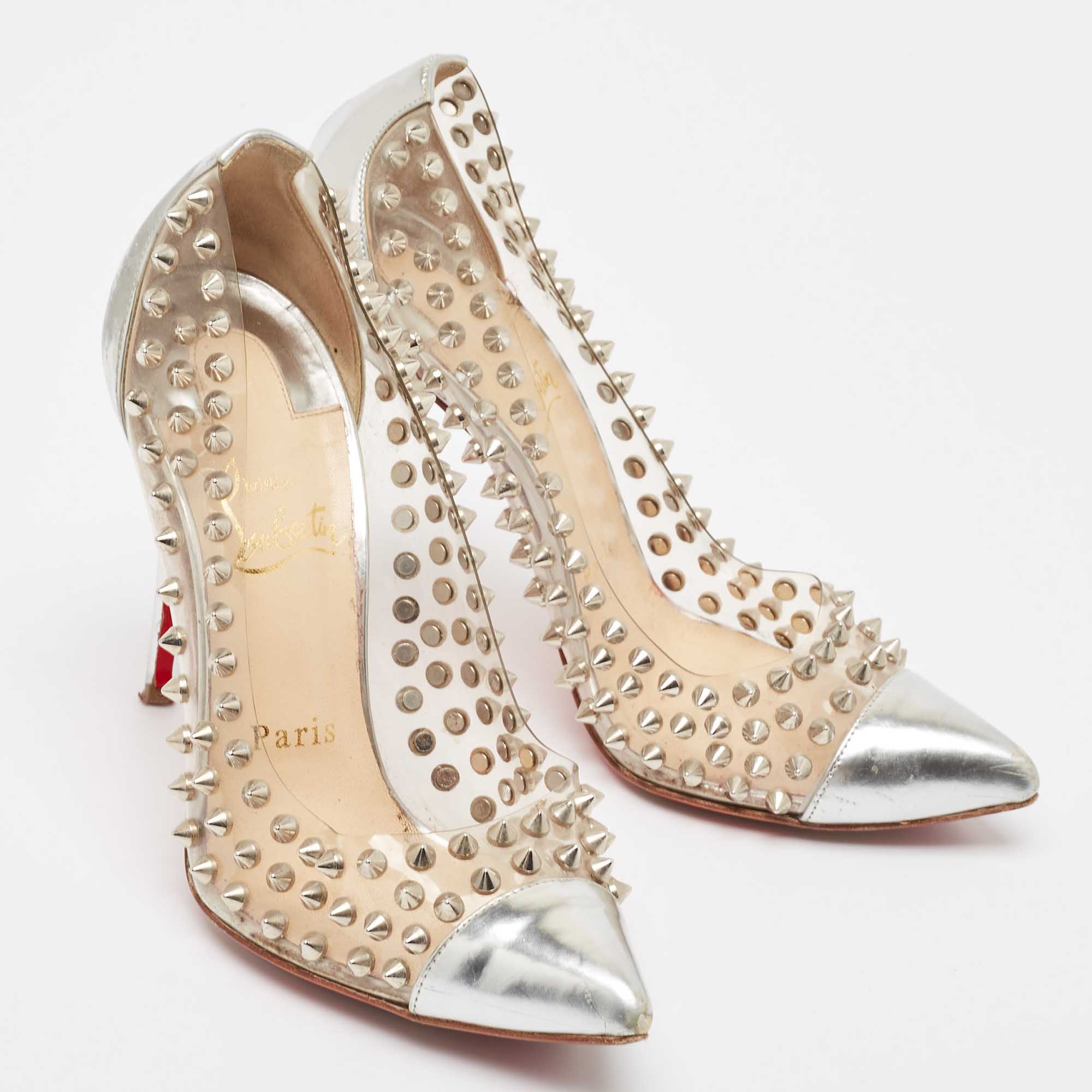 Christian Louboutin Silver Leather And PVC Spike Me Pumps Size 36.5