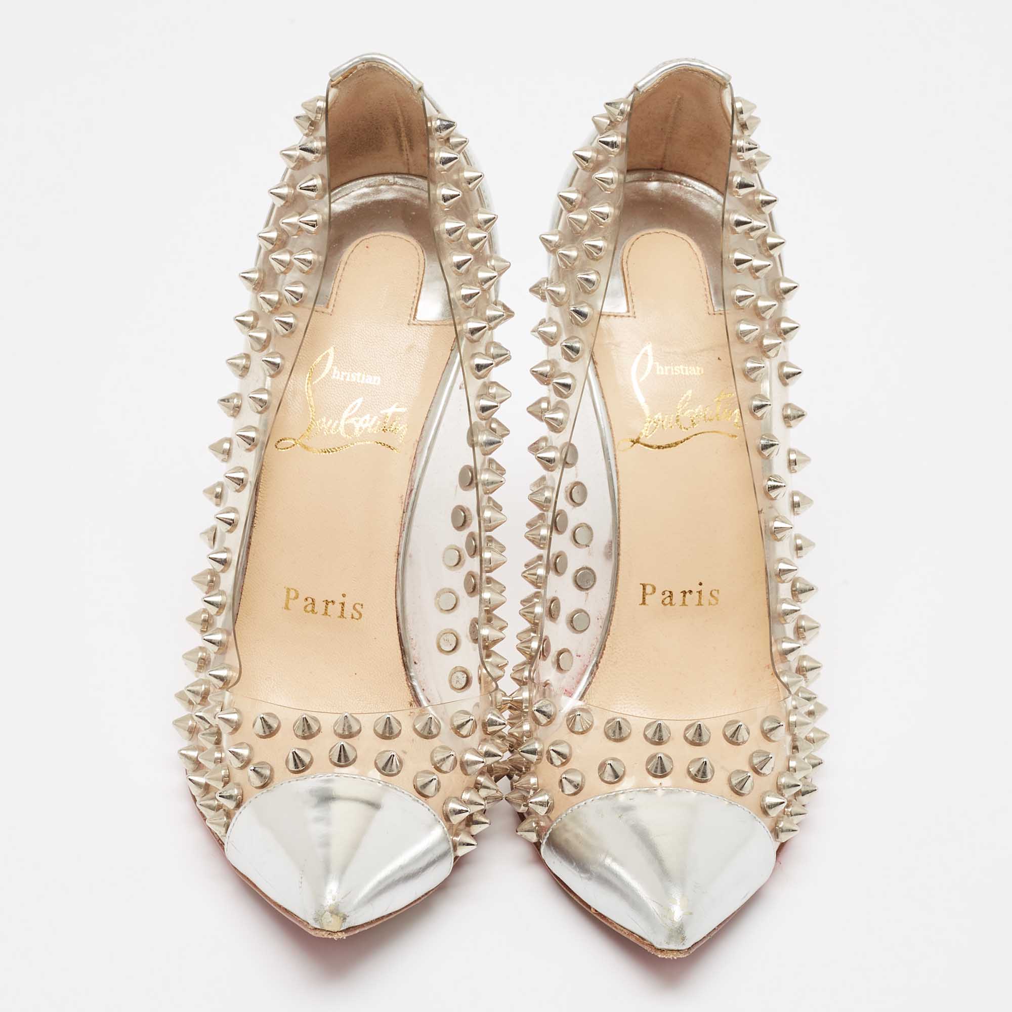 Christian Louboutin Silver Leather And PVC Spike Me Pumps Size 36.5