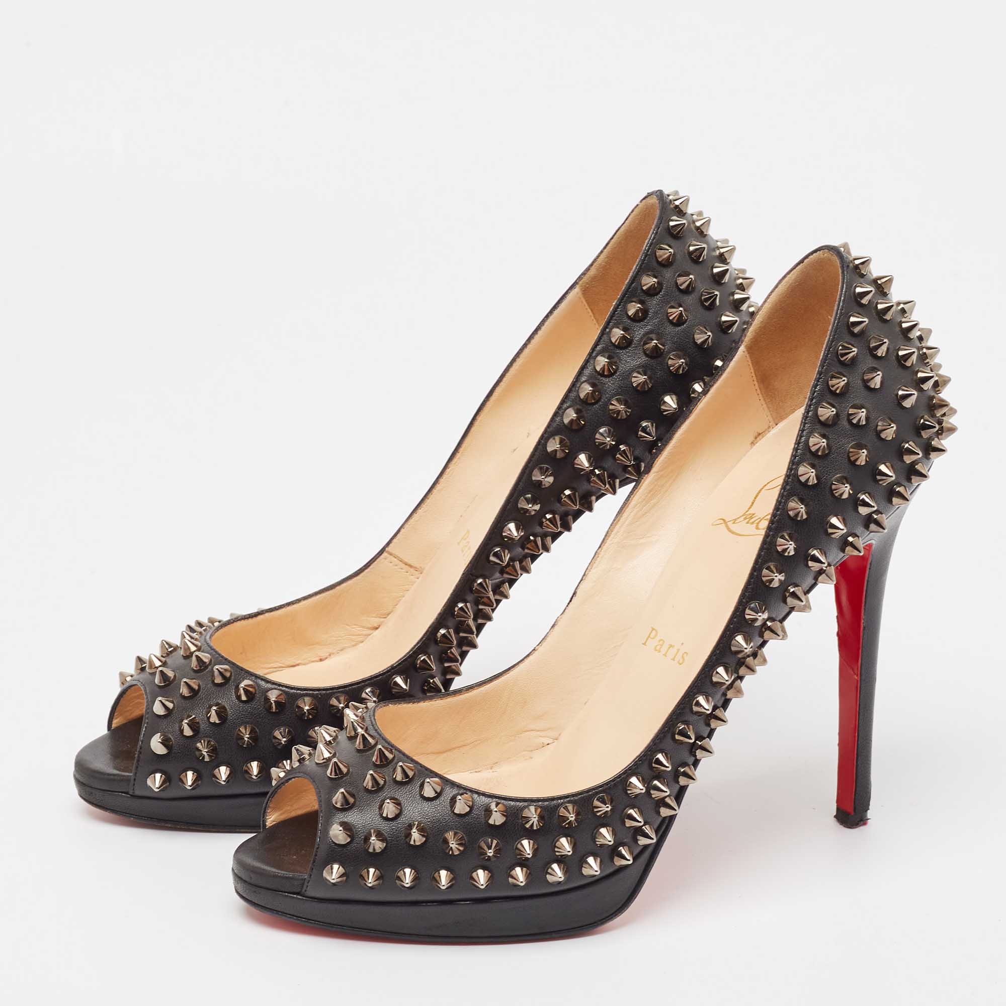 Christian Louboutin Black Leather Yolanda Spikes Pumps Size 38.5