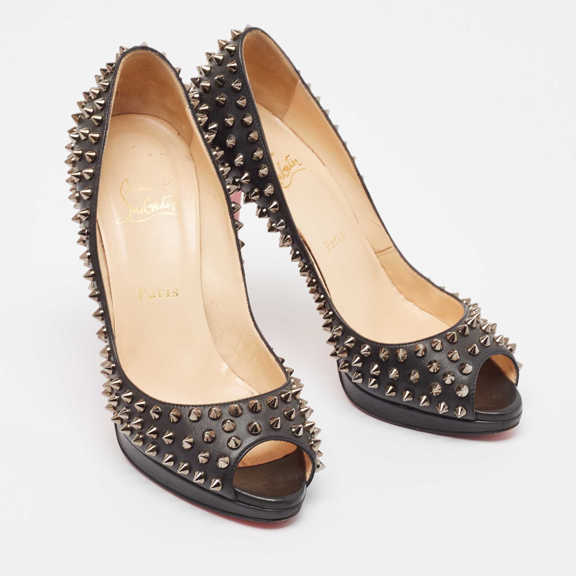 Christian Louboutin Black Leather Yolanda Spikes Pumps Size 38.5