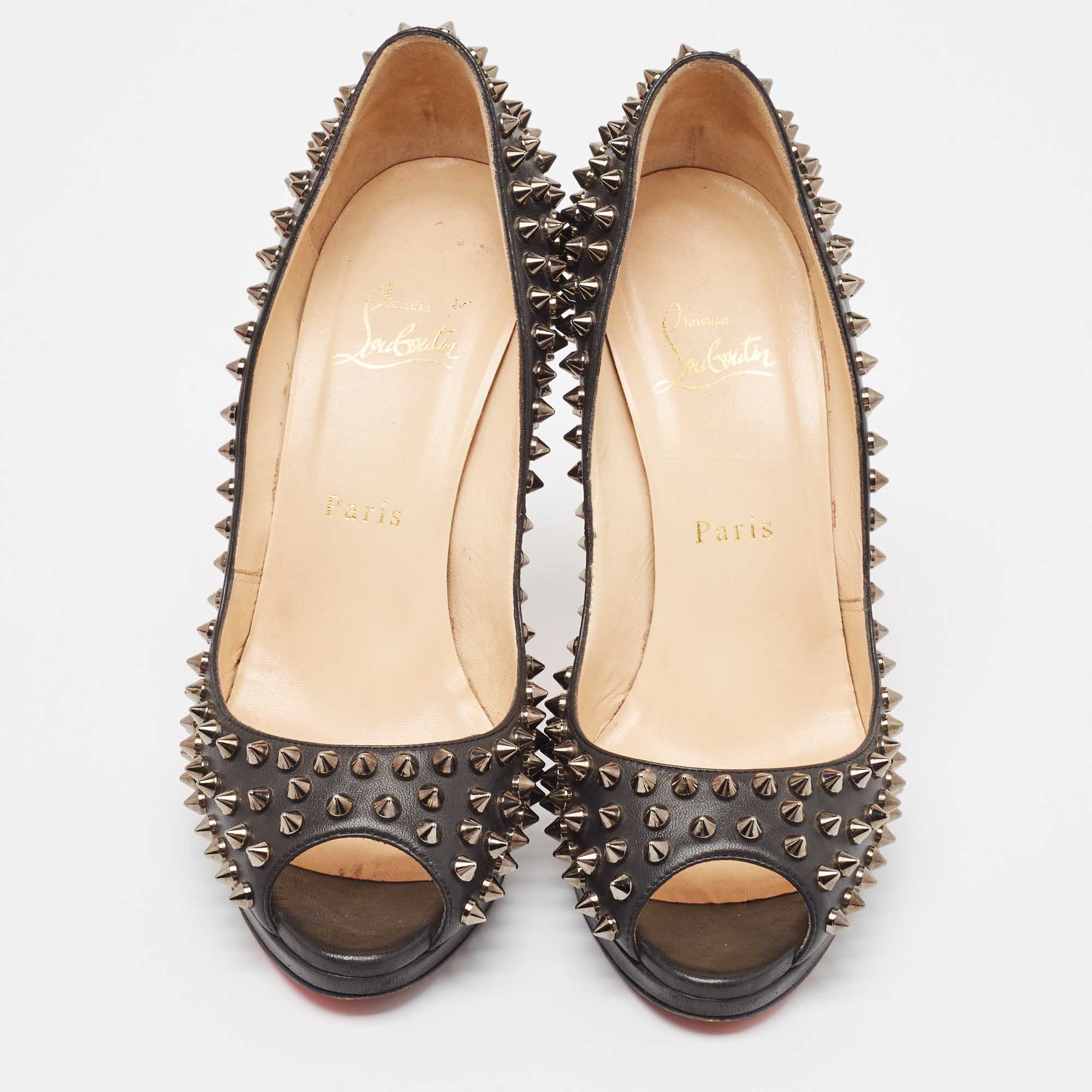 Christian Louboutin Black Leather Yolanda Spikes Pumps Size 38.5