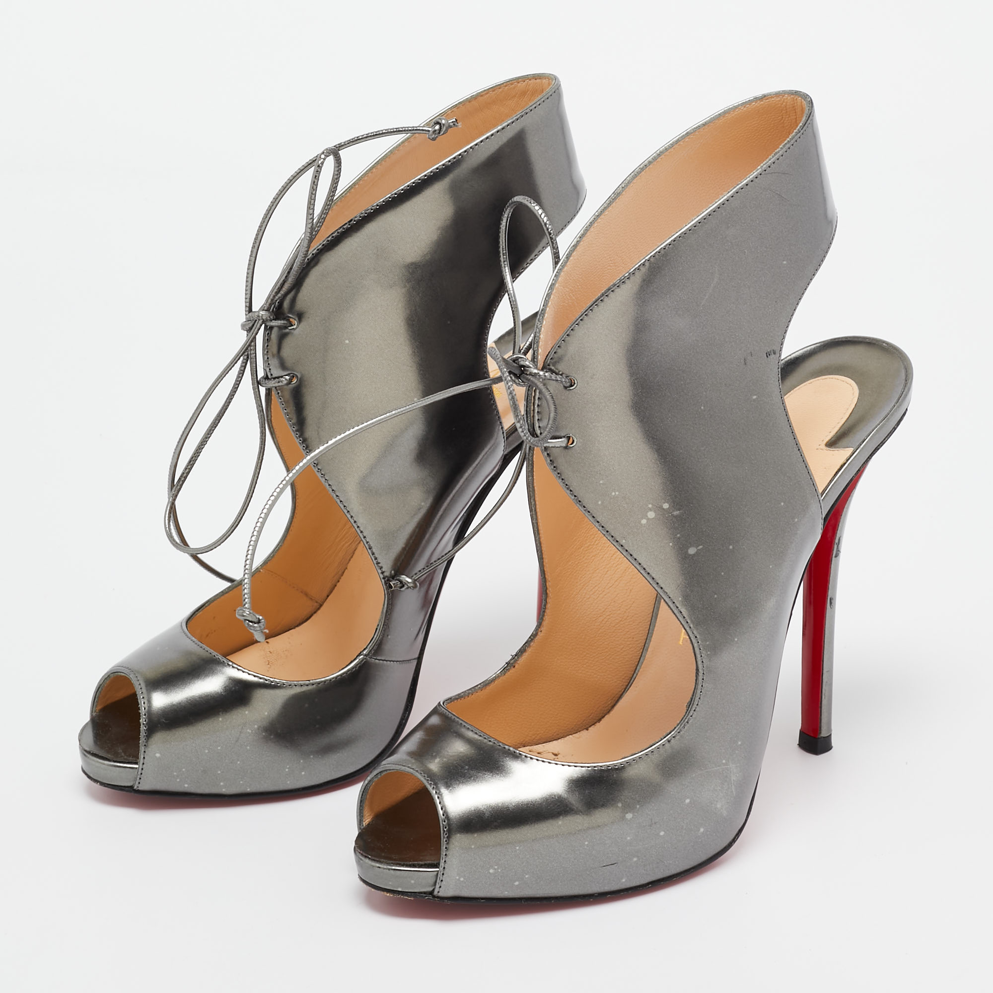 Christian Louboutin Silver Leather Allegra Peep-Toe Sandals Size 38.5