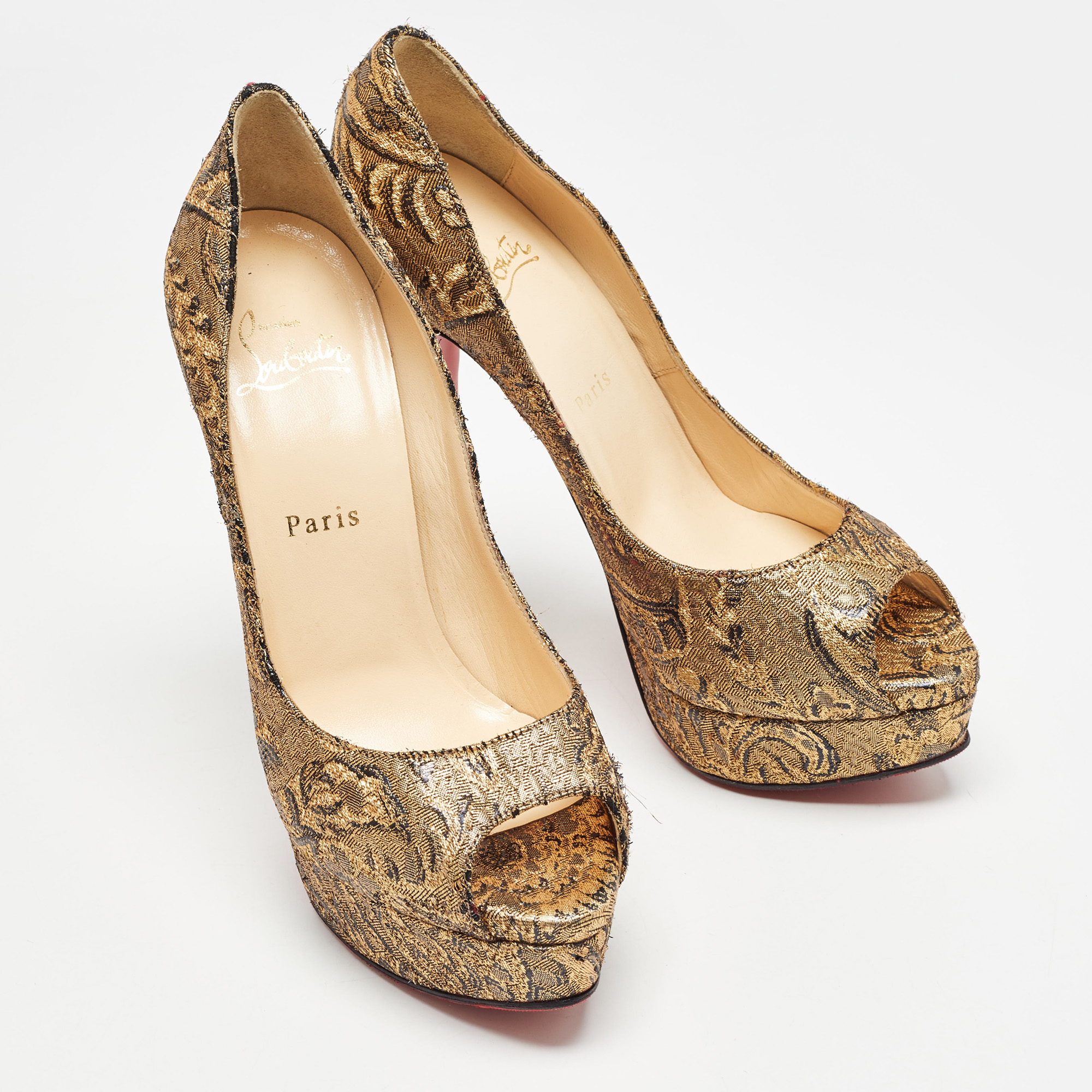 Christian Louboutin Gold Brocade Fabric Lady Peep Pumps Size 38.5