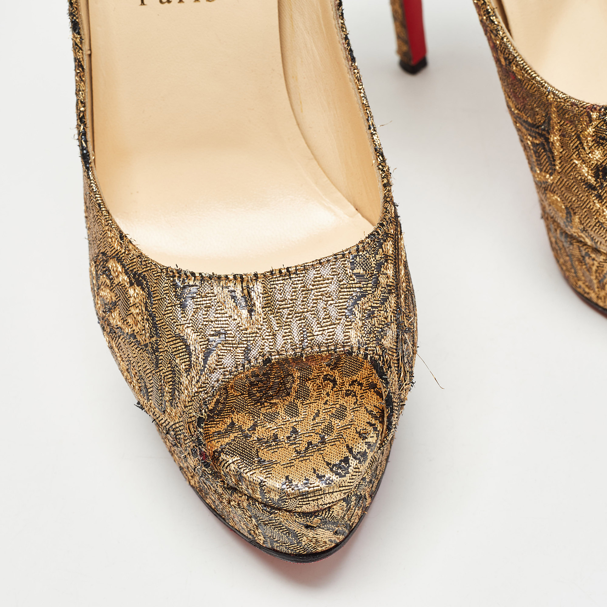 Christian Louboutin Gold Brocade Fabric Lady Peep Pumps Size 38.5