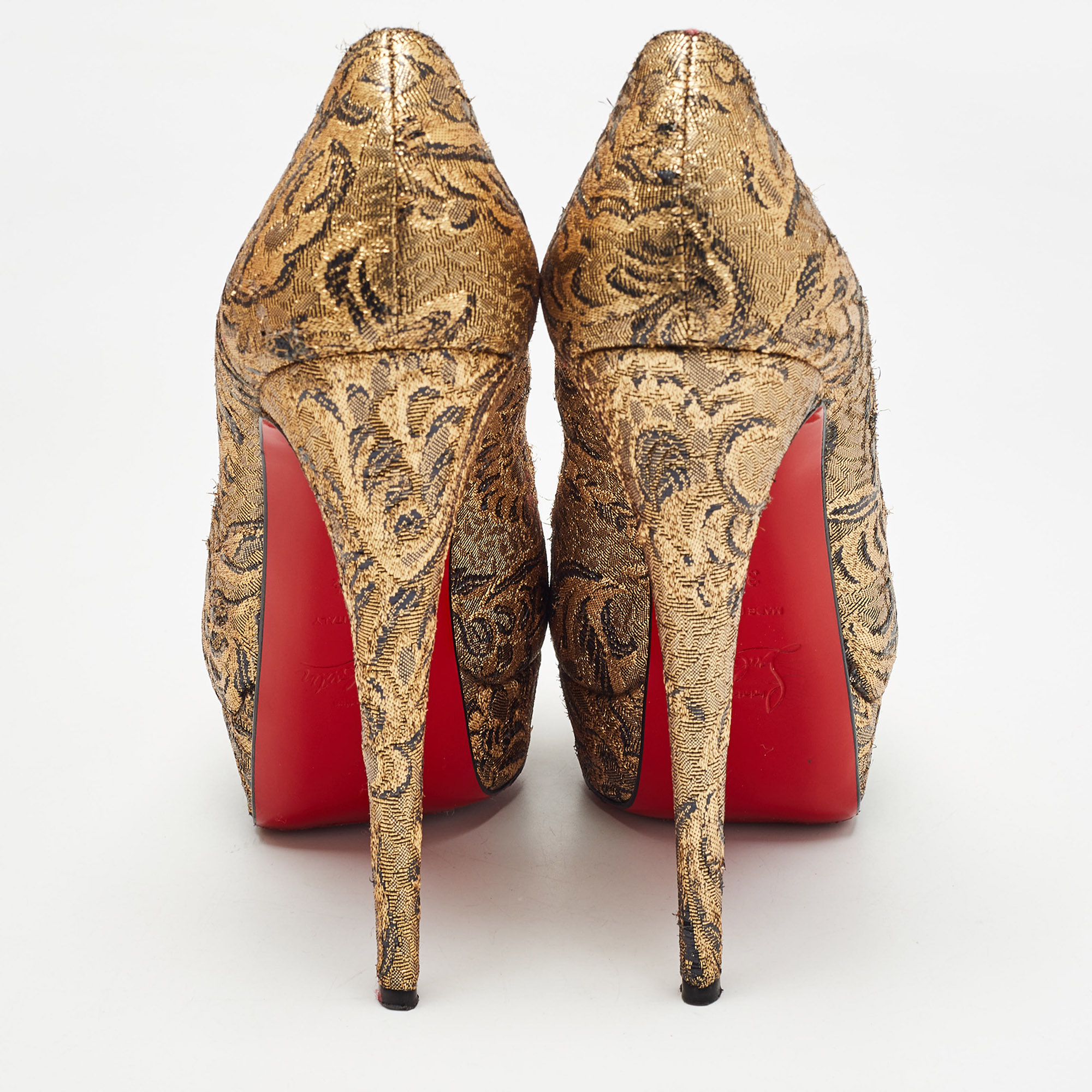 Christian Louboutin Gold Brocade Fabric Lady Peep Pumps Size 38.5