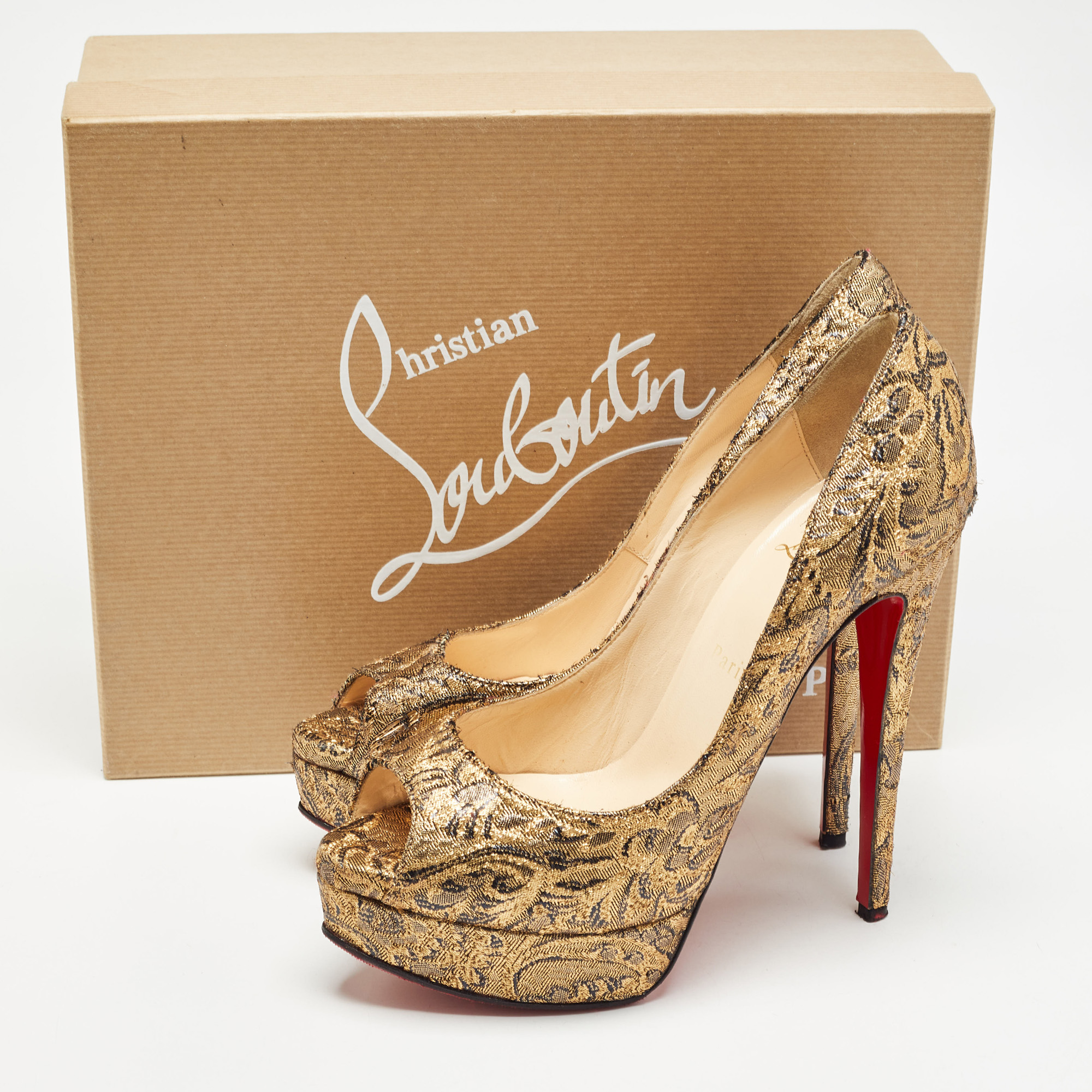 Christian Louboutin Gold Brocade Fabric Lady Peep Pumps Size 38.5