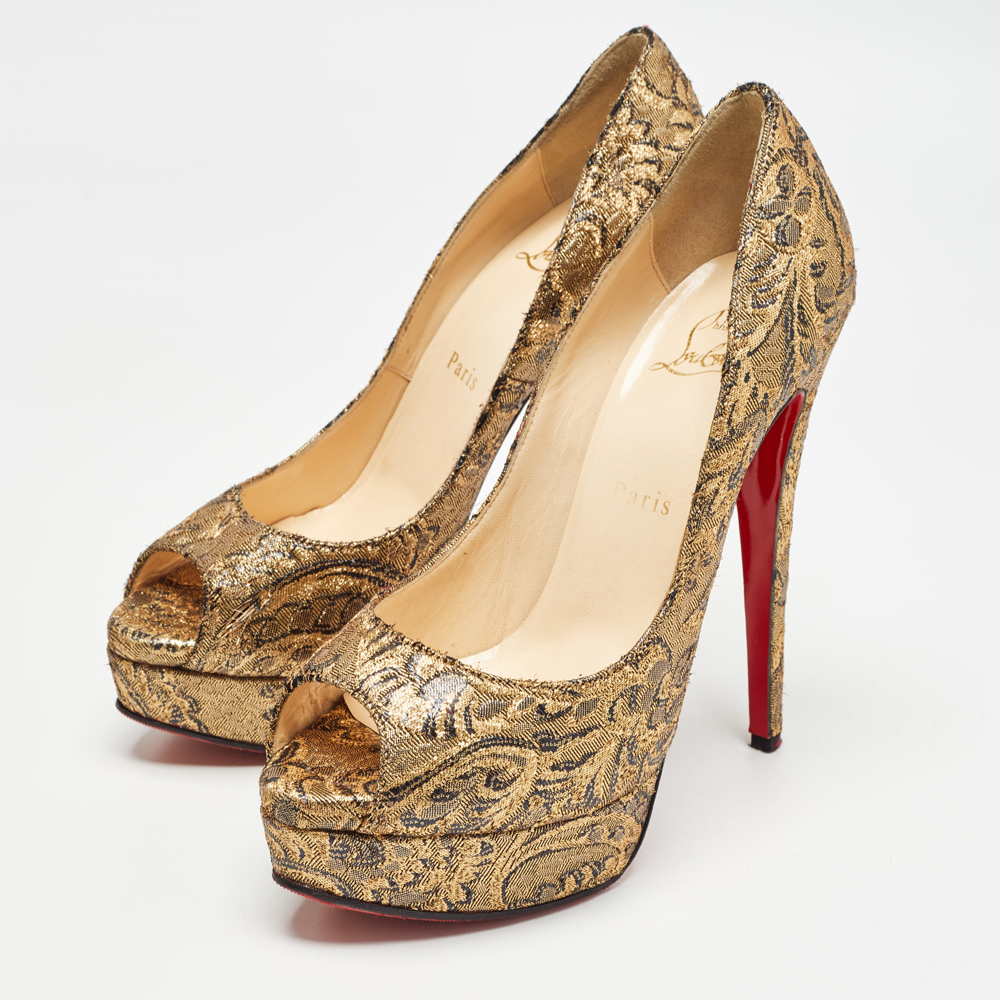 Christian Louboutin Gold Brocade Fabric Lady Peep Pumps Size 38.5