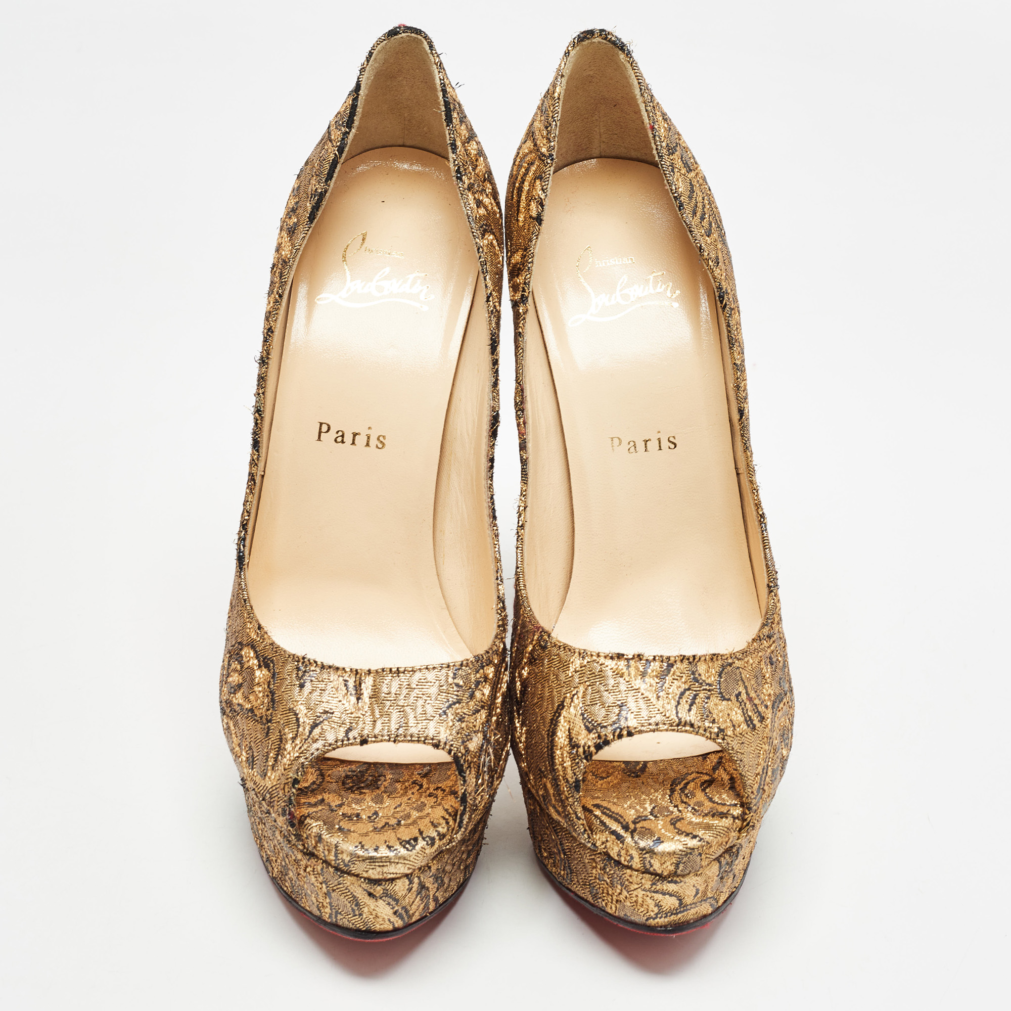 Christian Louboutin Gold Brocade Fabric Lady Peep Pumps Size 38.5