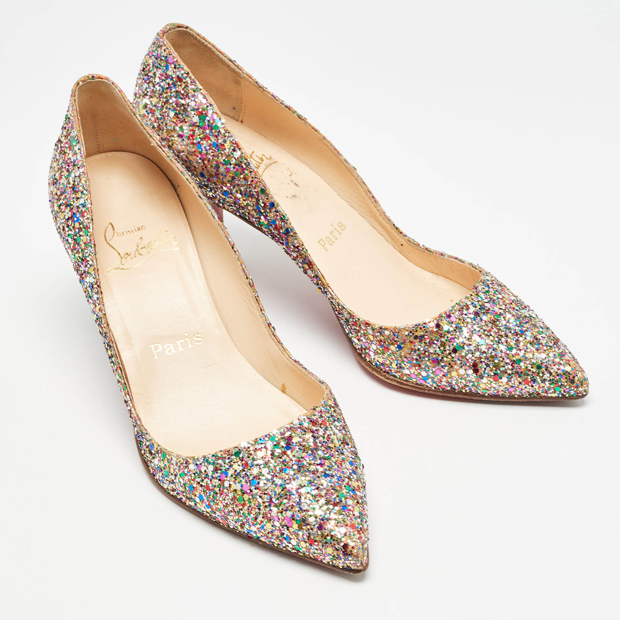 Christian Louboutin Multicolor Coarse Glitter Pointed Toe Pumps Size 37.5