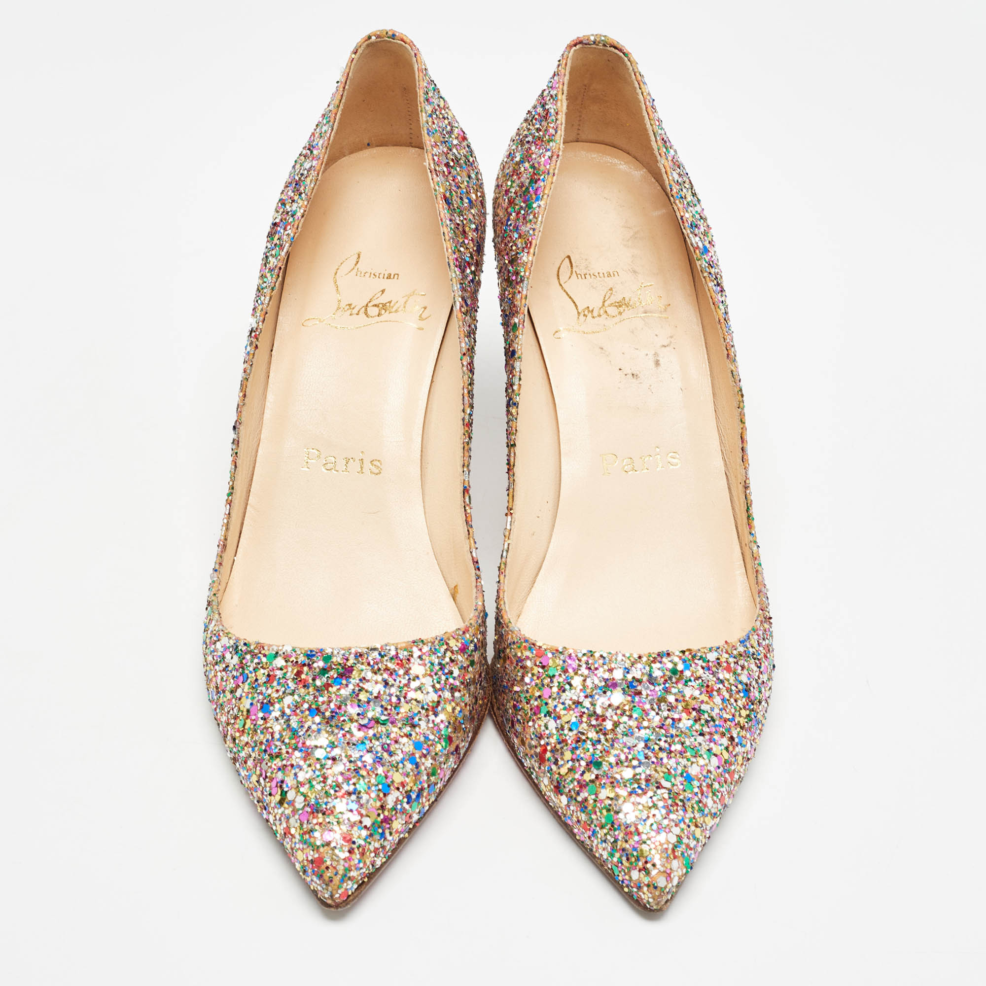 Christian Louboutin Multicolor Coarse Glitter Pointed Toe Pumps Size 37.5