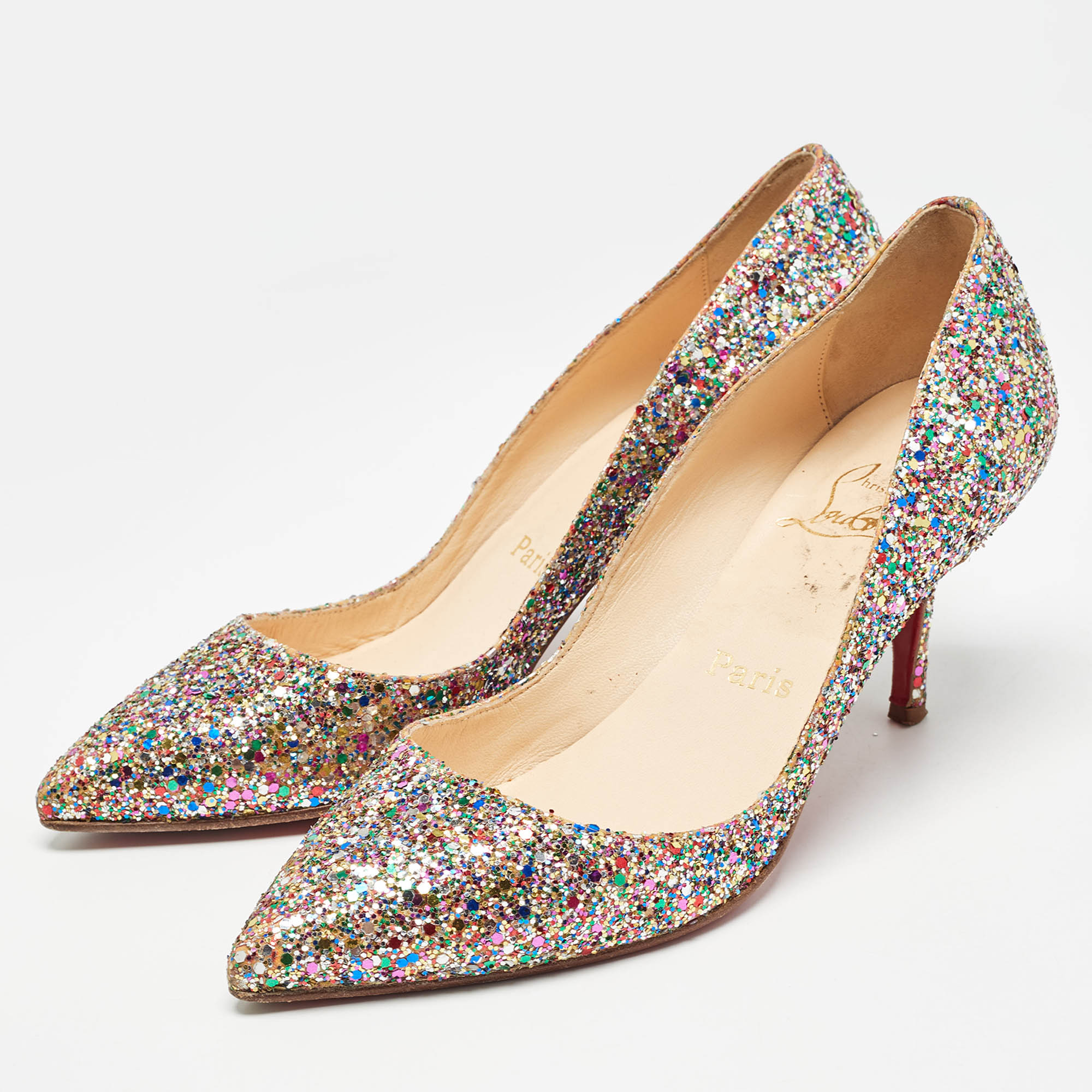 Christian Louboutin Multicolor Coarse Glitter Pointed Toe Pumps Size 37.5