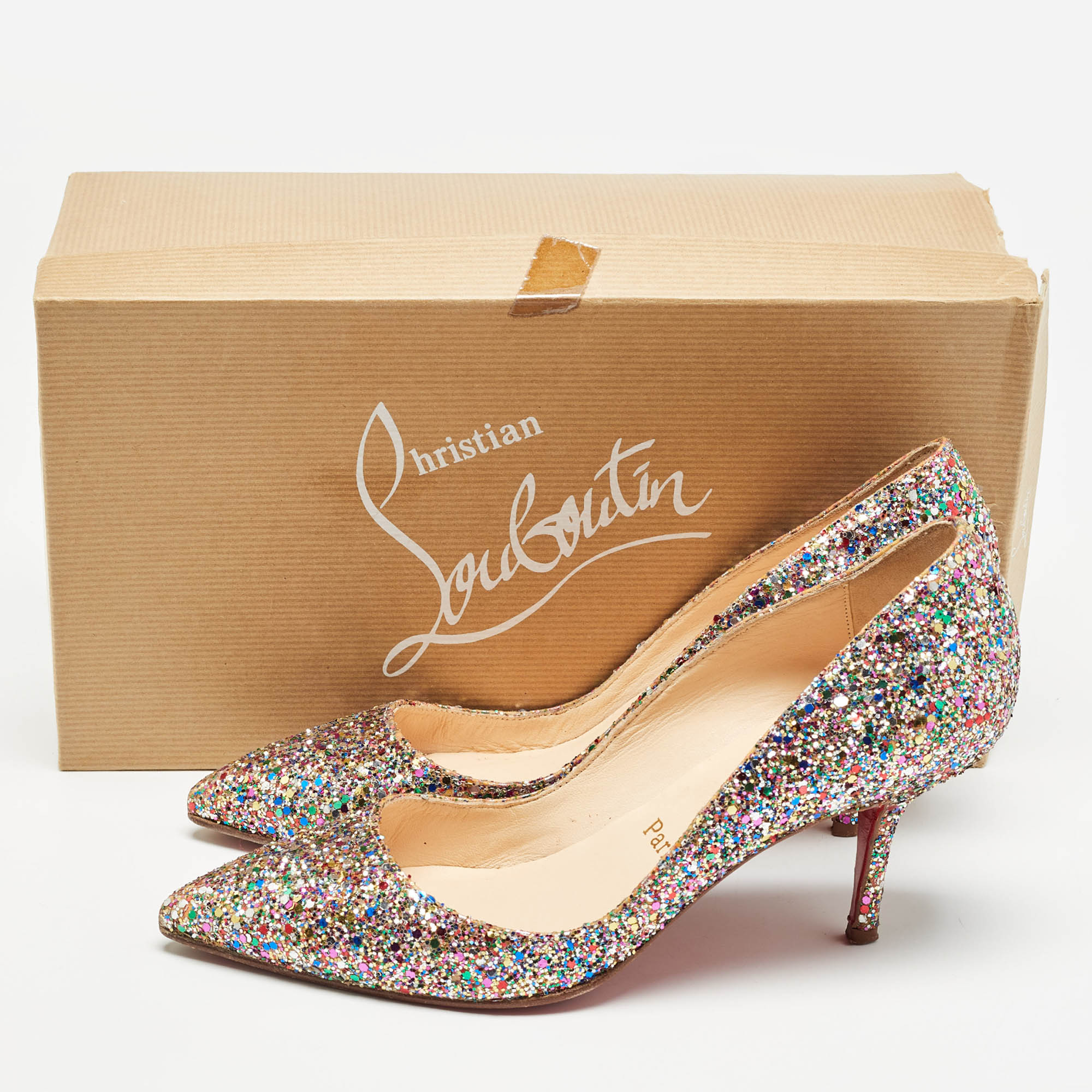 Christian Louboutin Multicolor Coarse Glitter Pointed Toe Pumps Size 37.5