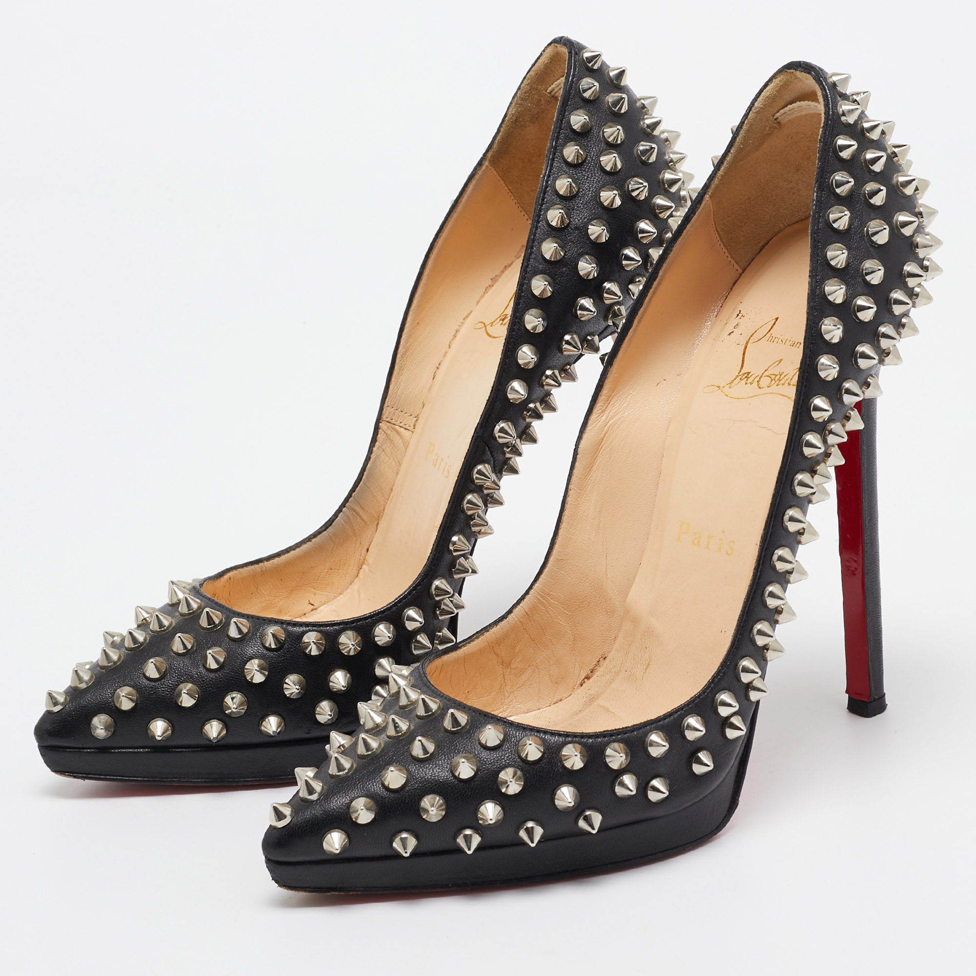 Christian Louboutin Black Leather Pigalle Plato Spike Pumps Size 37