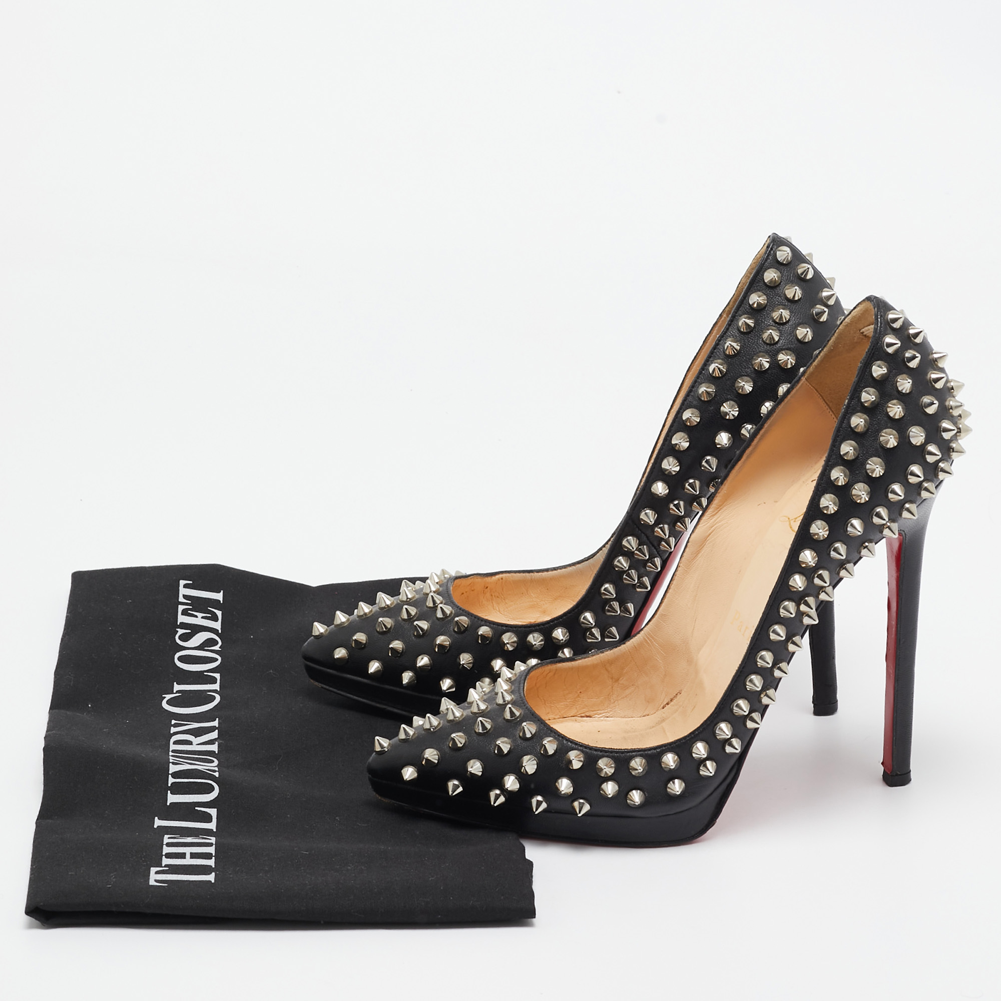 Christian Louboutin Black Leather Pigalle Plato Spike Pumps Size 37