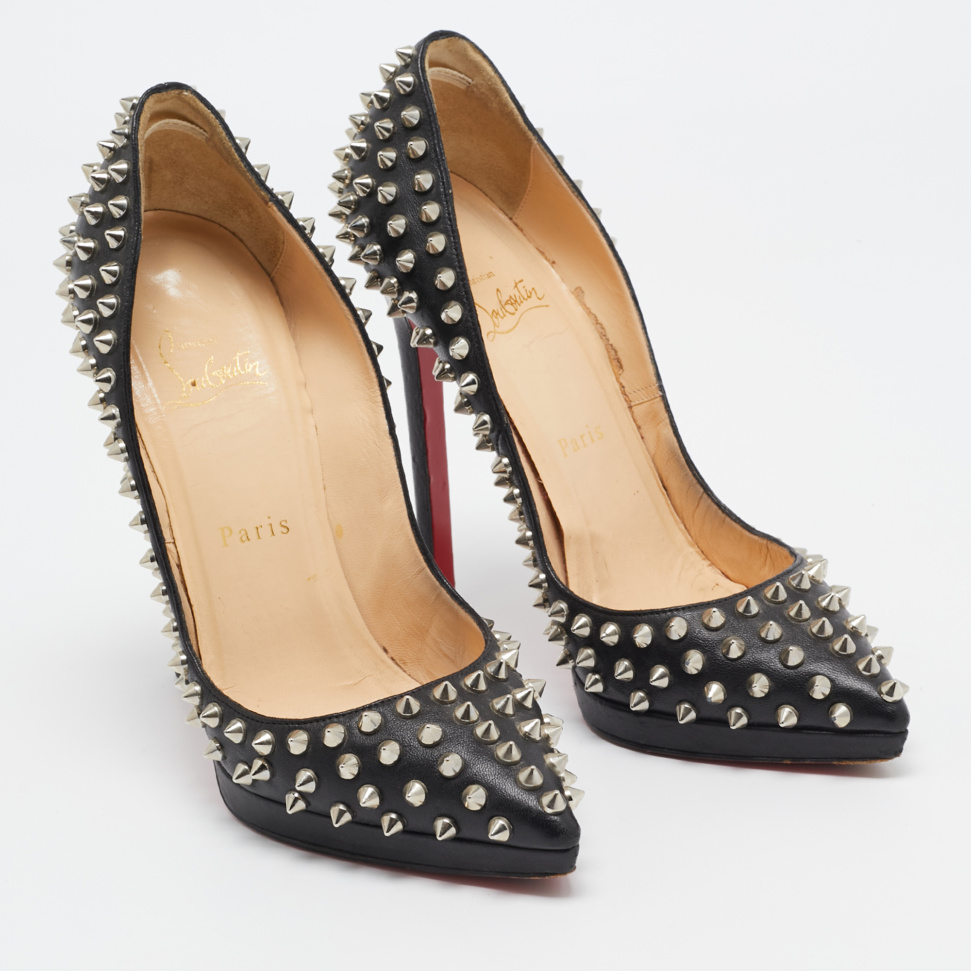 Christian Louboutin Black Leather Pigalle Plato Spike Pumps Size 37