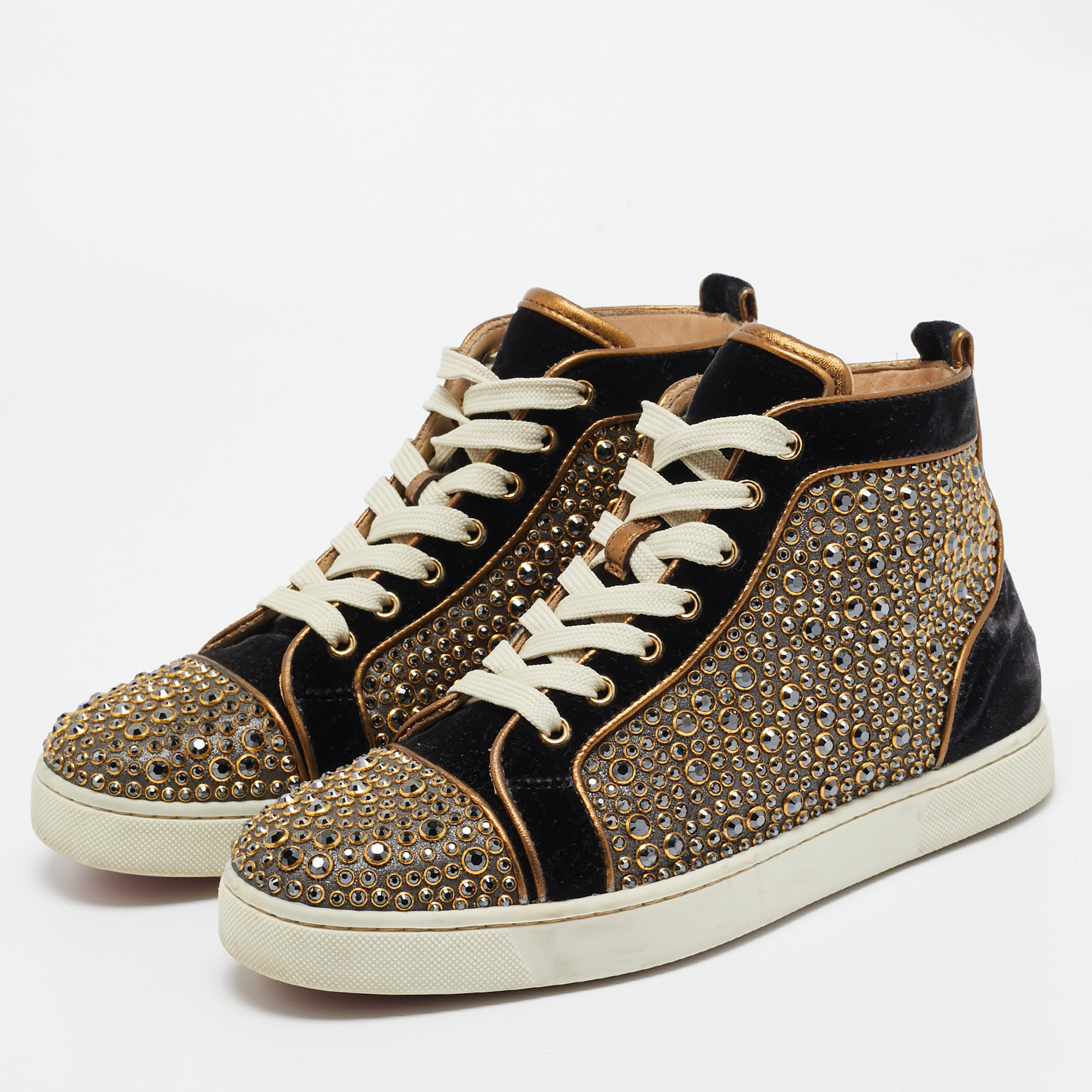 Christian Louboutin Black/Gold Velvet Studded Louis Sneakers Size 40